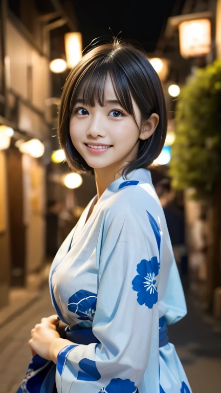 One Girl, Light blue Japanese yukata、geta、Festivals、Short Hair、bangs、A large blue goldfish pattern on a yukata、Very cute face、Very cute smile、night、depth of field, first-person view, f/1.8, 135mm, Nikon, UHigh resolution, retina, masterpiece, Accurate, Anatomically correct, Textured skin, Attention to detail, Super Detail, high quality, 最high quality, High resolution, 1080P, High resolution, 4K, 8k