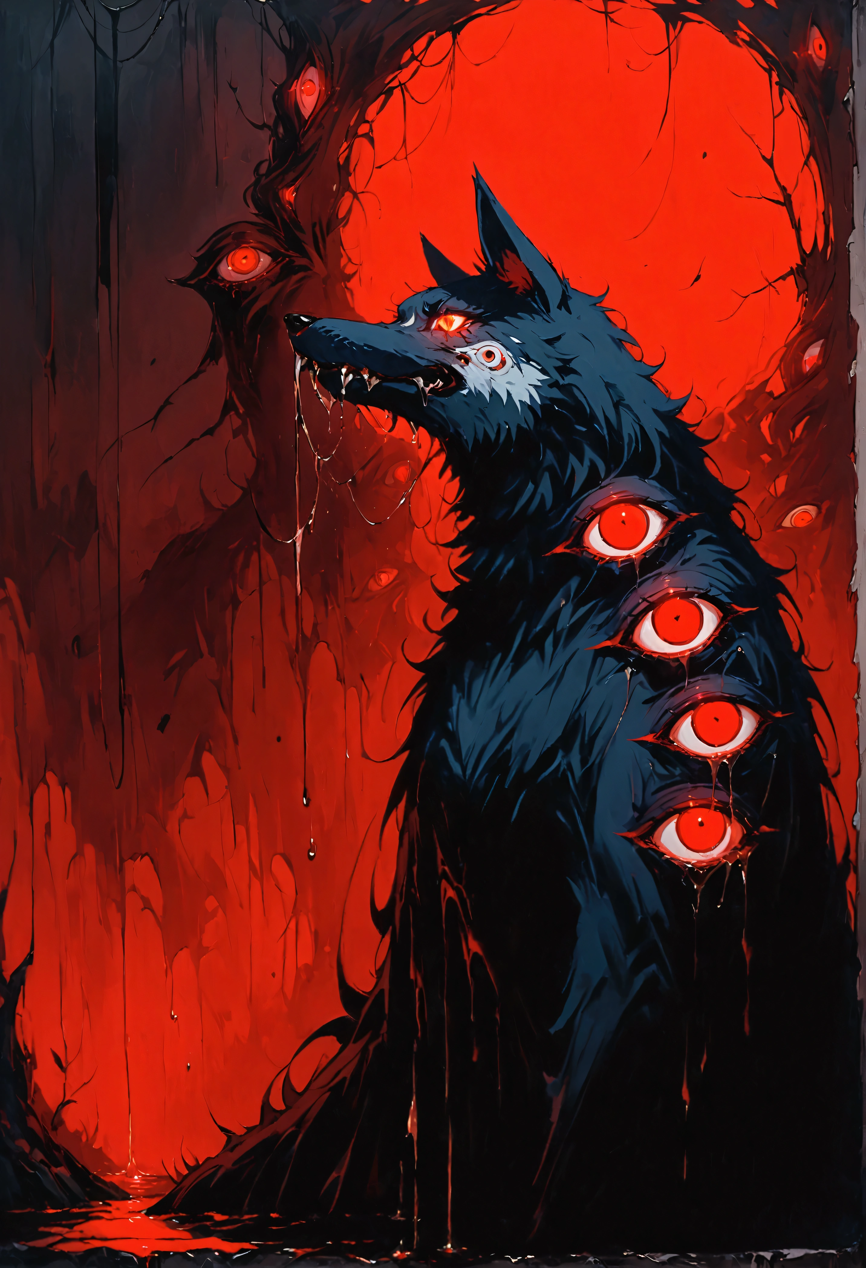 (best quality, 4K, high resolution, masterpart: 1.2), ultra detail,grotrsco wolf covered in red eyes. medium: oil painting, horror, night scene, dark atmosphere, sinister shadows, glaring red eyes, powerful presence, sharp teeth, raw fur, full moonlight, ominous mood, strange silhouette, supernatural presence, dense fog, ancient runes, whispering winds, mysterious atmosphere, untameable nature, sinister energy, suspense, terrible creatures, hint of danger, grotesque transformation, unleashing chaos and power, wickedly beautiful. score_9, score_8_up, score_7_up, source_anime wolf covered in eyes, eyes, red eyes, liquid, ((extra eyes)), dynamic, spooky smile, tentacled hair with red eyes, cel shading, red theme,(no humans),de perfil
