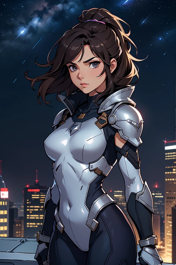 Girl, small bust, dark hair, superhero, heroine, silver costume, armor, on a rooftop, night sky, skyline, high quality, best quality, masterpiece, 4K, 8K