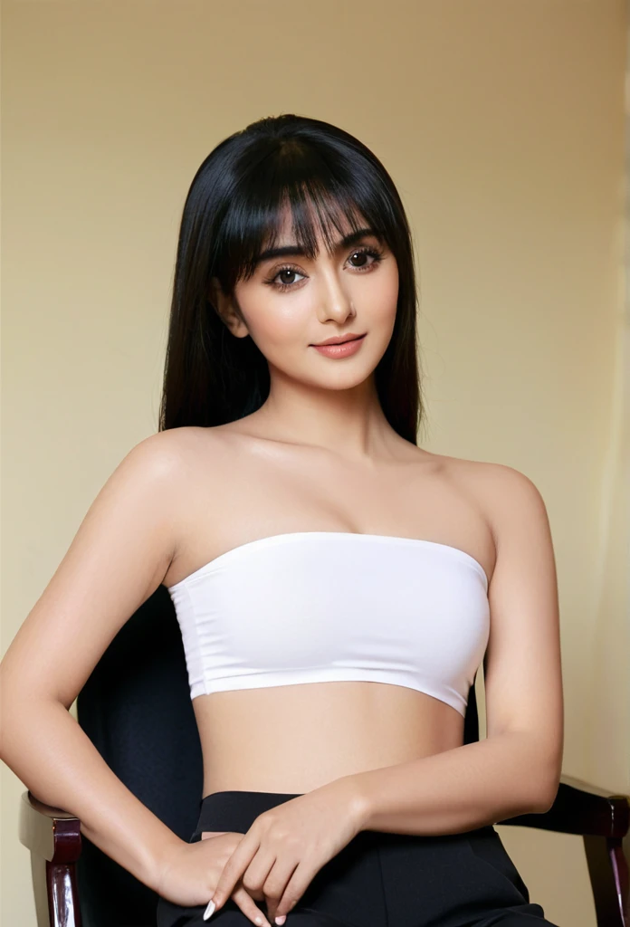 close-up of beautiful Indonesia-Chinese, Rani is a Indonesia-Chinese college student and model, age 22 years old girl, youthful face, white skin body, perfect body, shoulder-length hair, standard black hair, her hair is very straight and smooth, flat bangs cut, 38 inches breasts size, wearing a plain standard light white strapless tube top, wearing a tight plain standard deep black seamless spandex boyshort pant short leggings, Rani sat on a chair in Reza's room, Reza held Rani's hair gently, and took the scissors he had prepared in his shirt pocket. "KRESS... KRESSS... KRESS...", Rani's hair fell, Rani's hair was cut by her best friend using scissors, Reza again combed Rani's hair, and cut the back until it was just shoulder length, strand after strand of Rani's hair fell, Rani's hair pieces now filled the floor around her seat, finished the back then Reza continued the execution of the hair on the sides, the left and right sides he flattened shoulder length like the back, strand after strand of Rani's hair fell again, Reza combed Rani's hair at the front and KRESS KRESS! He cut it right at the eyebrow line, made the bangs flat, sexy looking pose, naughty looking pose, seductive looking pose, in Reza's room, Reza's room background, UHD