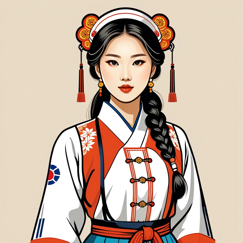 female	engineer	in korean folk outfit	,vector graphics, strong contours, logo design																						