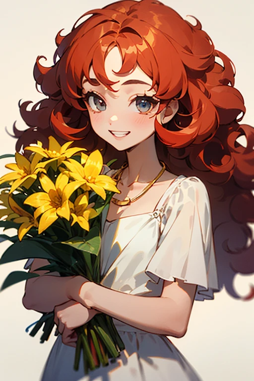 Young girl, age 27 years, curly hair, small curls hair, long hair, red hair with golden tone, eyes browns, great smile, happy grin, neck with golden necklace, simple white dress, small bouquet of flowers in hands.