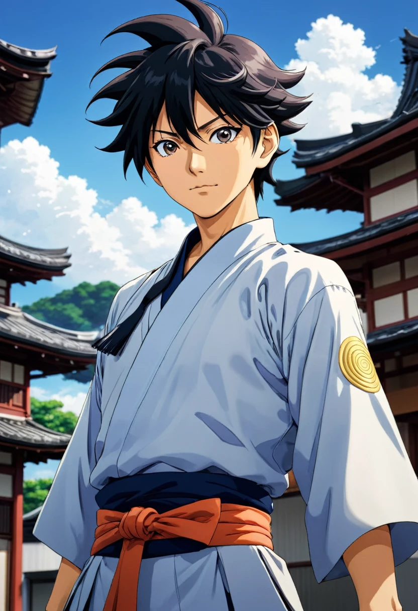 Create a stunning image of Satoru Gojo, do anime 'Jujutsu Kaisen'. Gojo must be in a dynamic pose, showing your confidence and power. He must be wearing his signature costume, with the blindfold over his eyes and his characteristic white hair blowing in the wind. Your expression should be calm, but with a touch of determination, reflecting your skill and confidence as the most powerful sorcerer. Image must include a dramatic background, like a battlefield or an urban scene at night, with elements of magical energy around you, highlighting his dominance over power. The scene should capture the essence of Gojo as a formidable and charismatic character, conveying both your strength and your unique personality."
better image quality