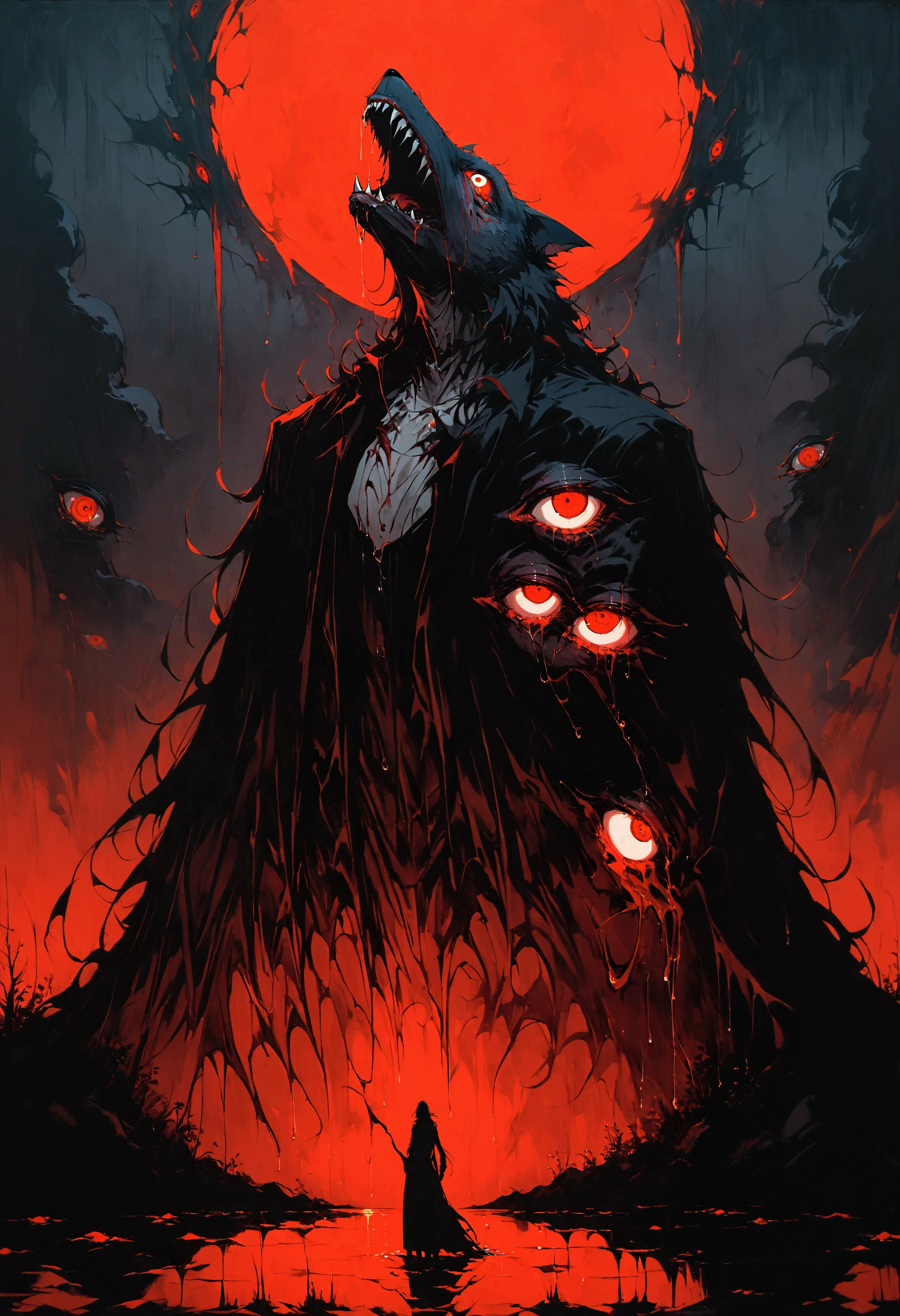 (best quality, 4K, high resolution, masterpart: 1.2), ultra detail,grotrsco wolf covered in red eyes. medium: oil painting, horror, night scene, dark atmosphere, sinister shadows, glaring red eyes, powerful presence, sharp teeth, raw fur, full moonlight, ominous mood, strange silhouette, supernatural presence, dense fog, ancient runes, whispering winds, mysterious atmosphere, untameable nature, sinister energy, suspense, terrible creatures, hint of danger, grotesque transformation, unleashing chaos and power, wickedly beautiful. score_9, score_8_up, score_7_up, source_anime wolf covered in eyes, eyes, red eyes, liquid, ((extra eyes)), dynamic, spooky smile, tentacled hair with red eyes, cel shading, red theme,(no humans),de perfil