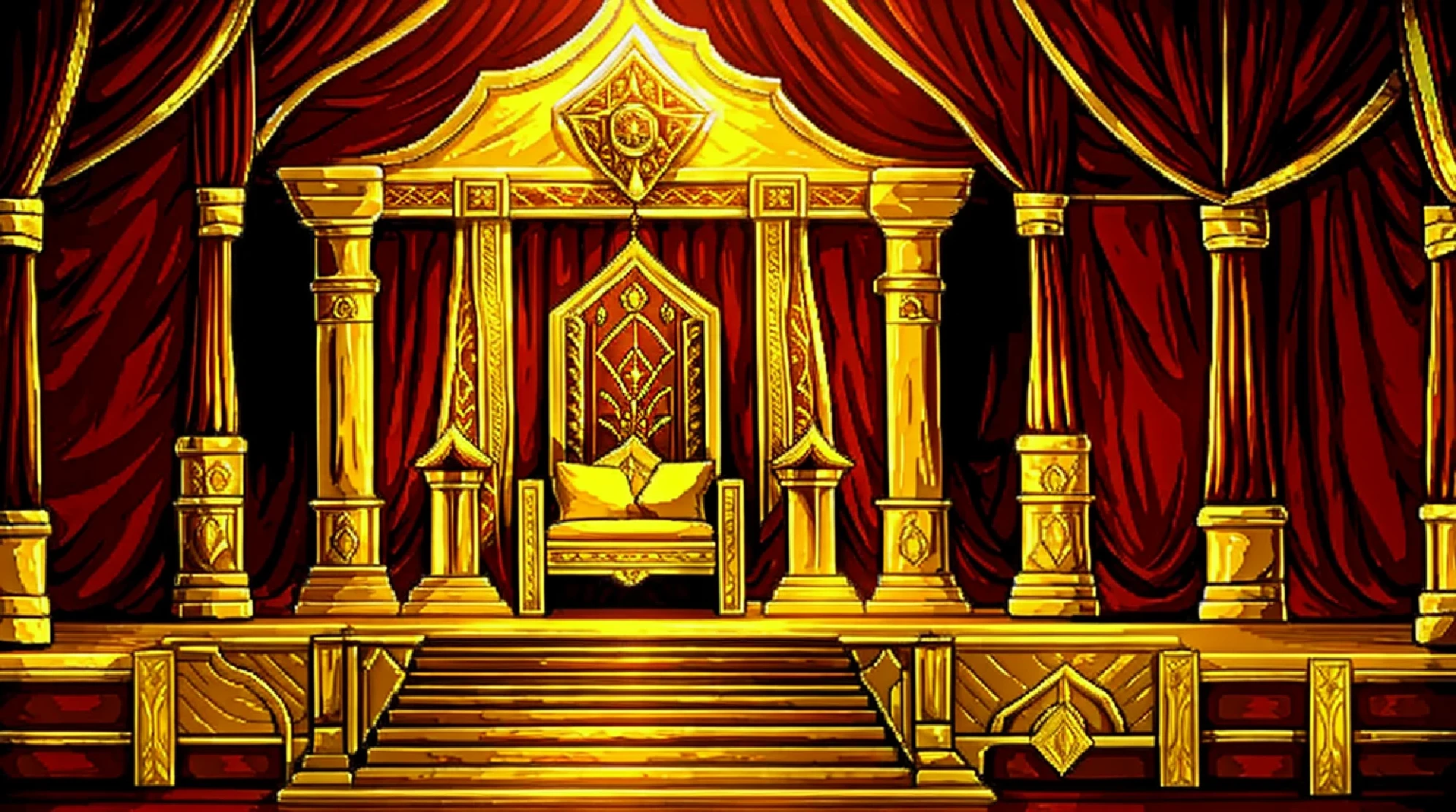 background, Epic Throne Room - Main Hall of the Castle, luxurious, with gold jewelry and a majestic throne, in the style of medieval fantasy