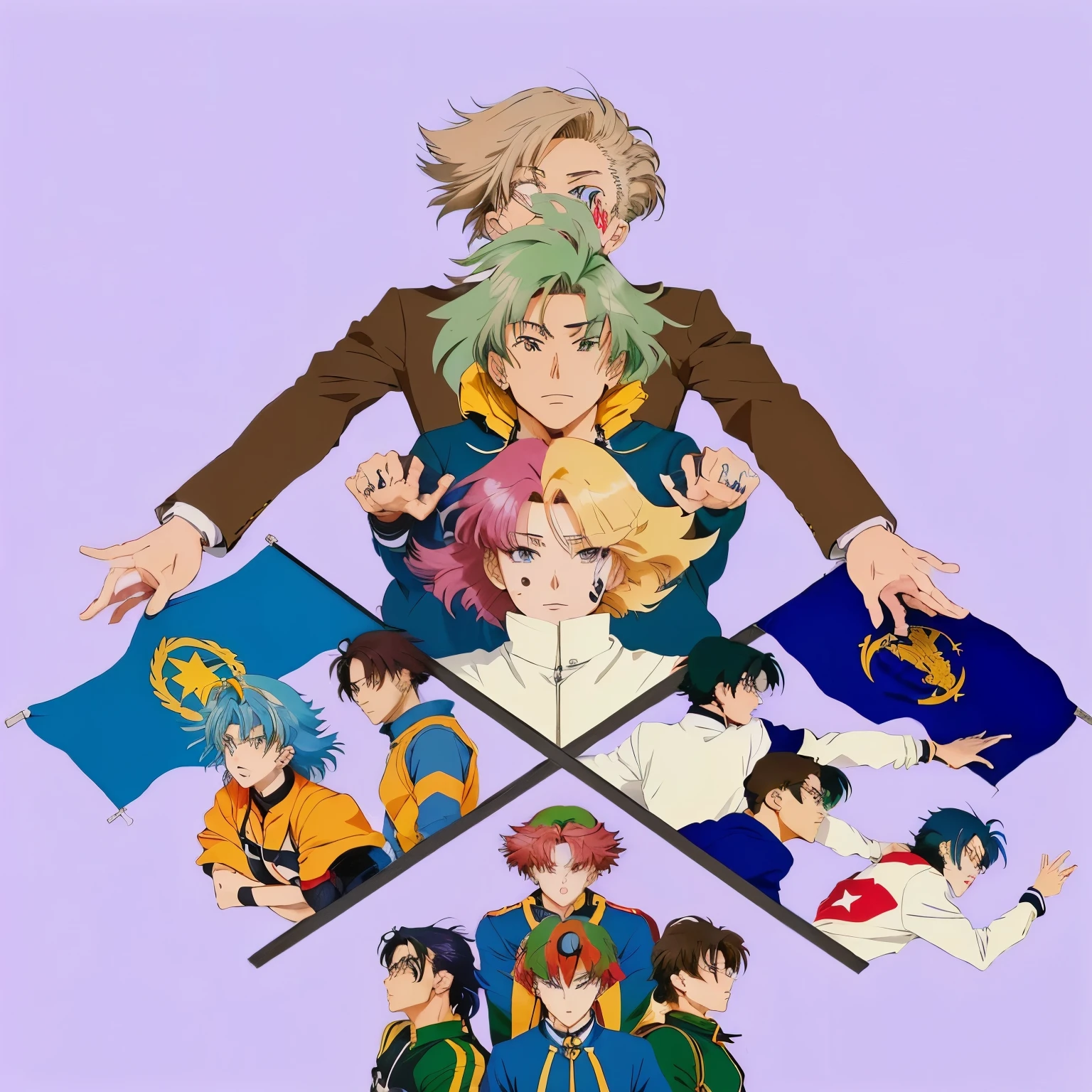 anime characters are grouped in a circle with a flag, characters merged, there were eight anime people, in the art style of 80s anime, lawyer style, 2d anime style, anime graphic illustration, 2022 anime style, 2 0 2 2 anime style, wisdom friend anime, 90s anime art style