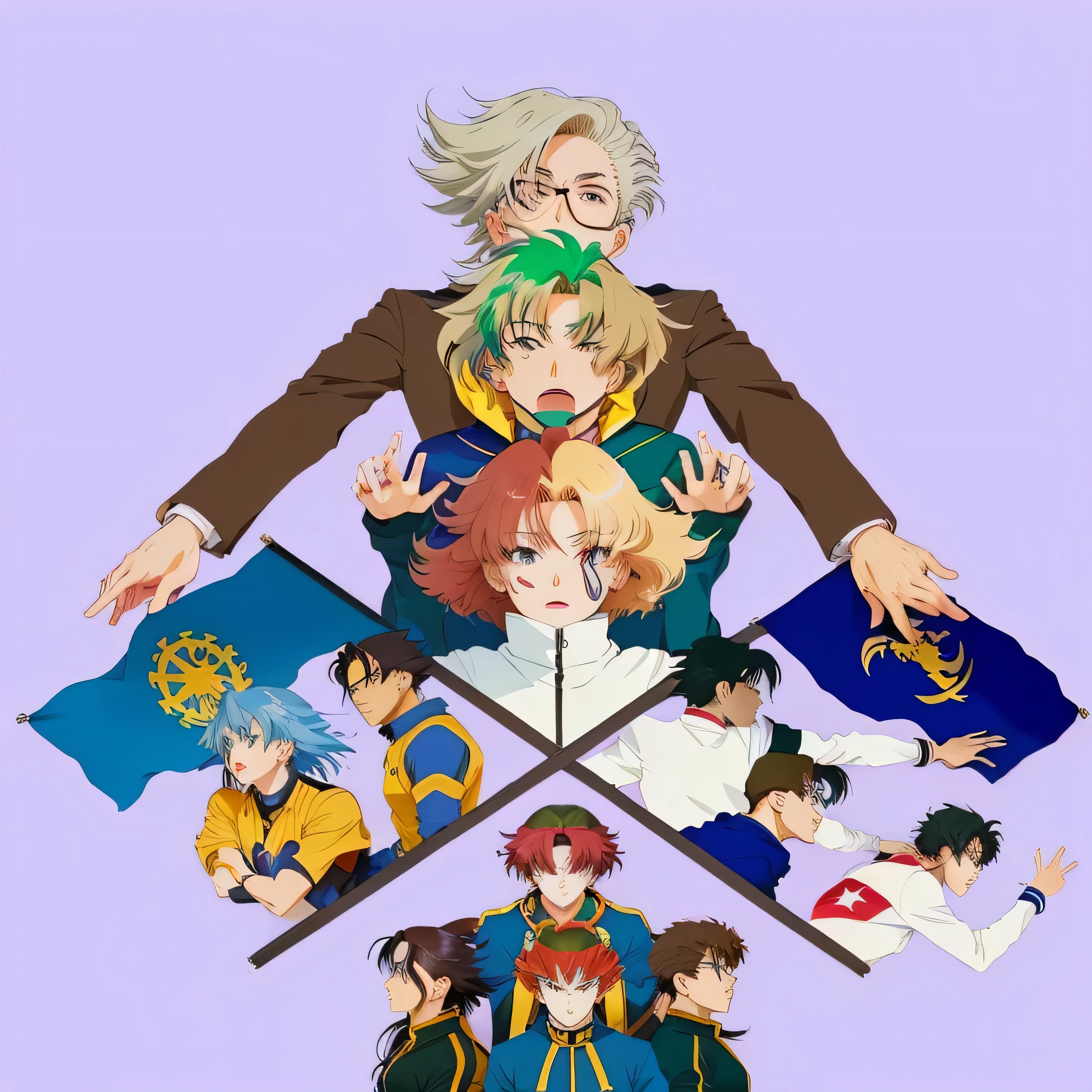 anime characters are grouped in a circle with a flag, characters merged, there were eight anime people, in the art style of 80s anime, lawyer style, 2d anime style, anime graphic illustration, 2022 anime style, 2 0 2 2 anime style, wisdom friend anime, 90s anime art style