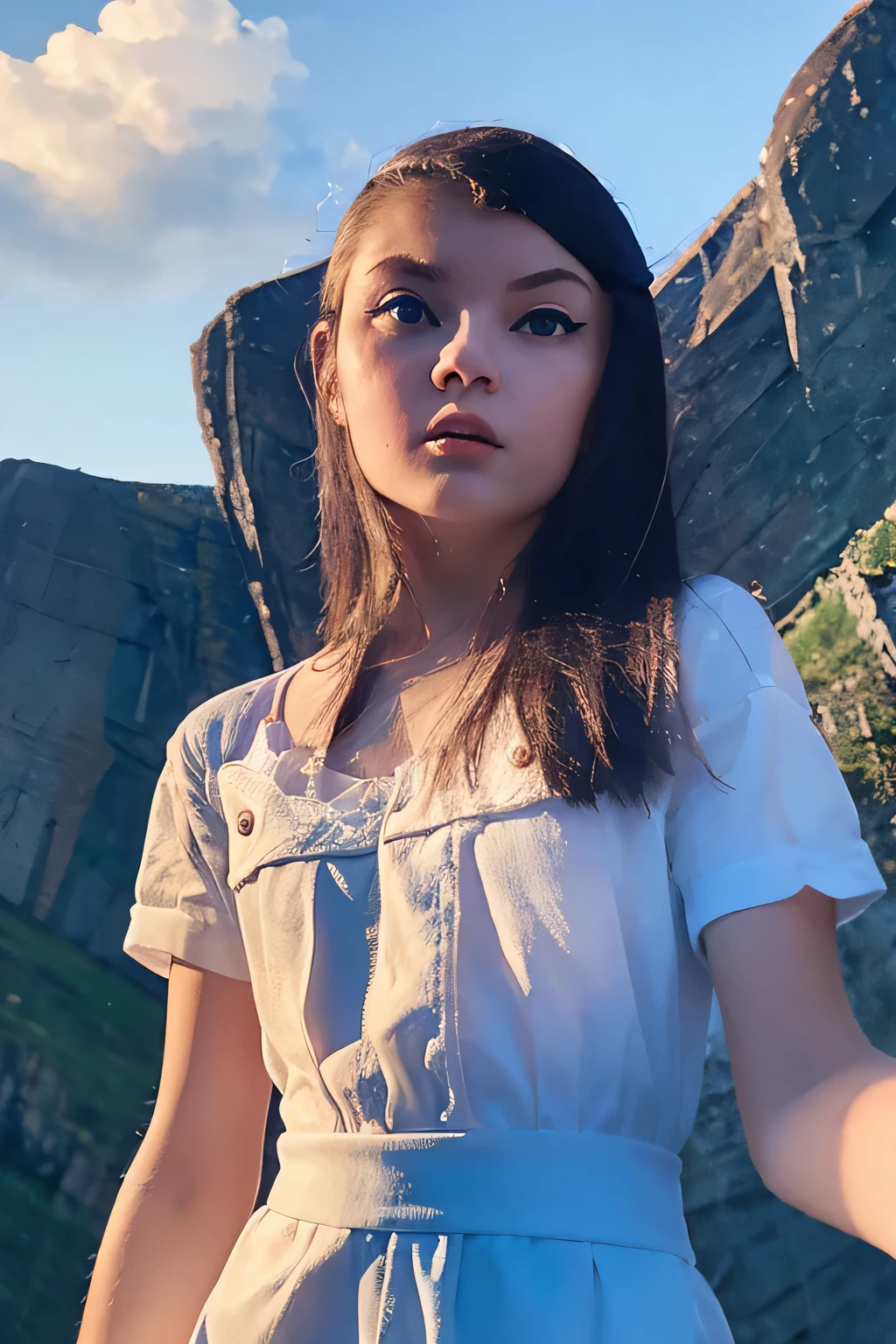 the russian girl olya (18years), standing on the edge of an abyss, hands stretched out pleadingly. Pleading expression on the face, evening sun in the background