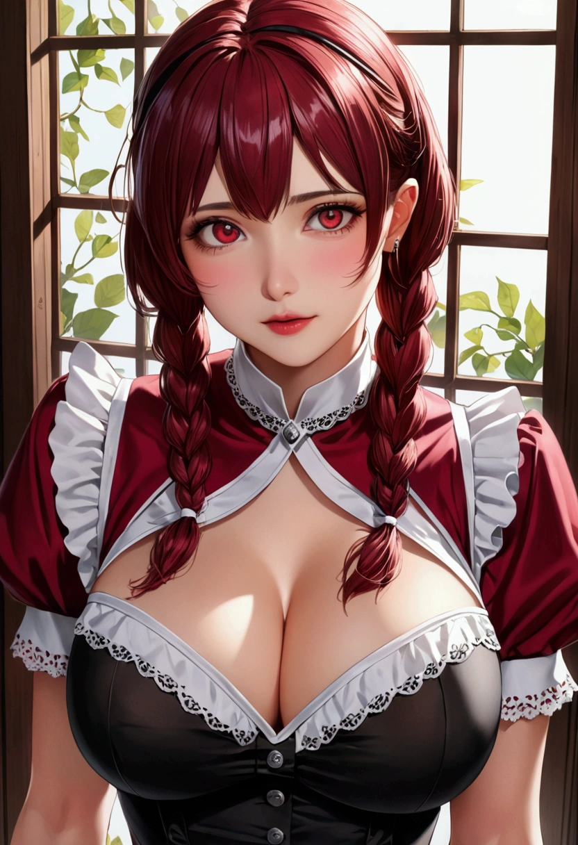 Masterpiece, best quality, 1_woman, (upper body), (Caucasian skin_complexion) (looking away from the viewer) long double hair braids, dark red hair, diamond shaped eyes, , large_bust, chest window, cleavage double button breast, long dark red (maid outfit), silver trim, black tights, barefoot, small waist