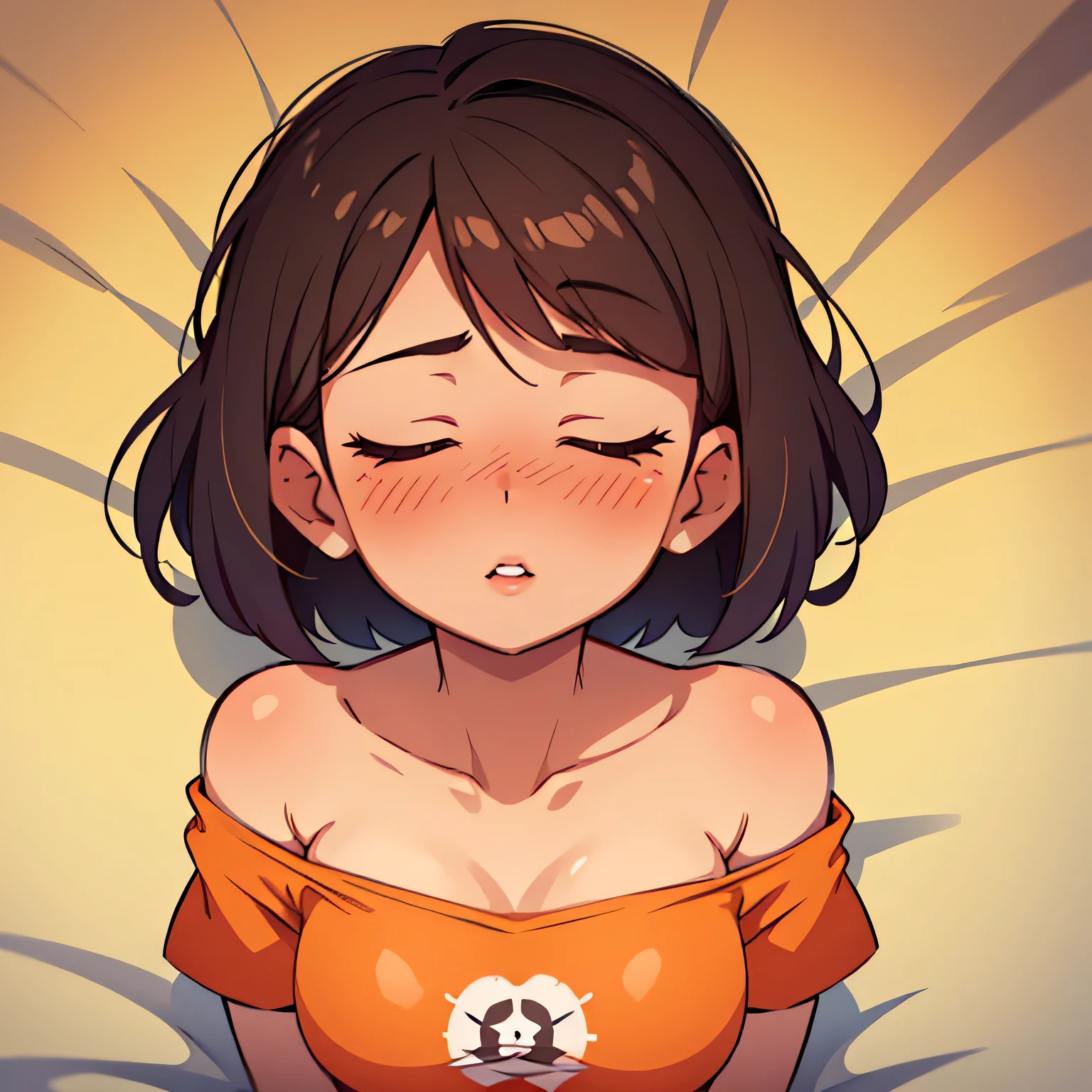 Amazing portrait of a sexy and cute girl with a short bob hairstyle and a seductive gaze who is blushing intensely with parted lips and is desperate and flustered and lustful wearing an off shoulder orange t shirt showcasing her bare shoulder while lying on bed