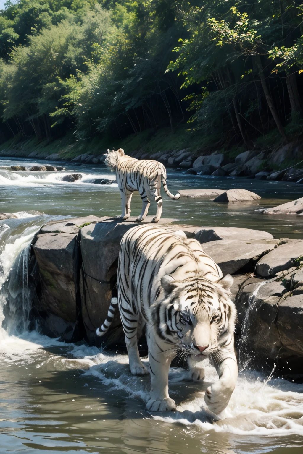 "Create a picture of a majestic white Bengal tiger in its natural habitat. The tiger must be positioned on the edge of a river, drinking water. He's in a forest clearing, surrounded by dense vegetation and tall trees. Its white coat with black stripes should be highlighted, reflecting the soft sunlight that penetrates through the leaves. The tiger's eyes must be intense and penetrating, capturing the essence of your wild and powerful nature. The scene must convey the beauty and strength of the tiger, highlighting the harmony between the animal and its natural environment as it quenches its thirst in the crystal-clear river."
best realistic image quality