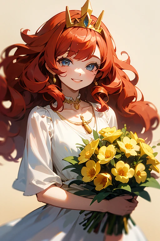 Young girl, age 27 years, curly hair, small curls hair, long hair, red hair with golden tone, eyes browns, great smile, happy grin, neck with golden necklace, simple white dress, small bouquet of flowers in hands, Tiara of flowers on the head.