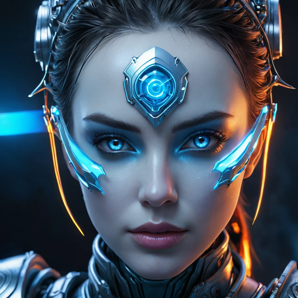 Mechanical Girl Face, lasers, Powerful armor, A keen eye, frost, flame, Perfect details, (Best quality, 4K,
a high resolution, masterpiece:1.2), ultra detailed, realistic:
1.37, HDR, studio lighting, bright colors, (cyberpunk,
Futuristic) style, Icy blue color scheme, dynamic
illumination. MOD ULTRA FACE
