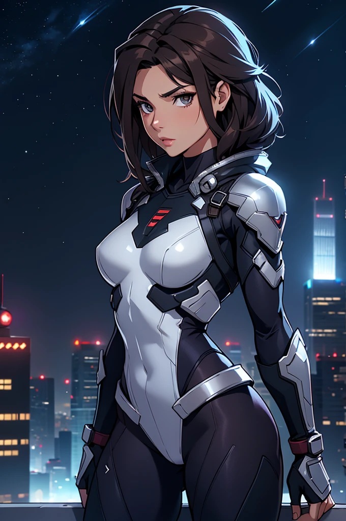 Girl, small bust, dark hair, superhero, heroine, silver costume, on a rooftop, night sky, skyline, high quality, best quality, masterpiece, 4K, 8K