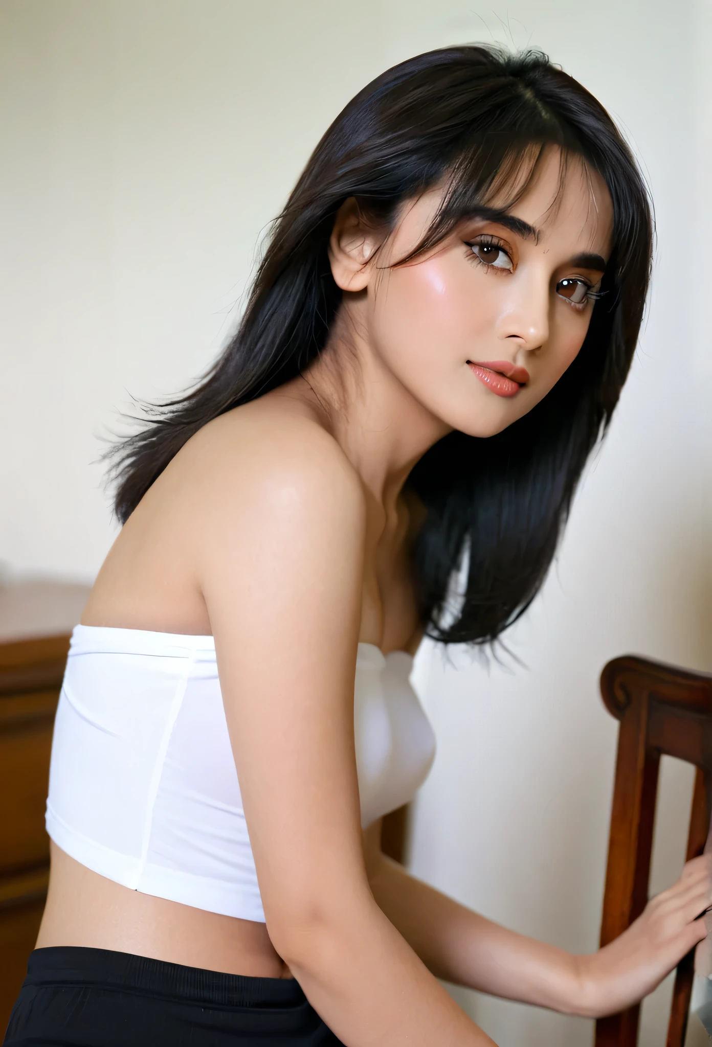 close-up of beautiful Indonesia-Chinese, Rani is a Indonesia-Chinese college student and model, age 22 years old girl, youthful face, white skin body, perfect body, shoulder-length hair, standard black hair, her hair is very straight and smooth, flat bangs cut, 38 inches breasts size, wearing a plain standard light white strapless tube top, wearing a tight plain standard deep black seamless spandex boyshort pant short leggings, Rani sat on a chair in Reza's room, Reza held Rani's hair gently, and took the scissors he had prepared in his shirt pocket. "KRESS... KRESSS... KRESS...", Rani's hair fell, Rani's hair was cut by her best friend using scissors, Reza again combed Rani's hair, and cut the back until it was just shoulder length, strand after strand of Rani's hair fell, Rani's hair pieces now filled the floor around her seat, finished the back then Reza continued the execution of the hair on the sides, the left and right sides he flattened shoulder length like the back, strand after strand of Rani's hair fell again, Reza combed Rani's hair at the front and KRESS KRESS! He cut it right at the eyebrow line, made the bangs flat, sexy looking pose, naughty looking pose, seductive looking pose, in Reza's room, Reza's room background, UHD