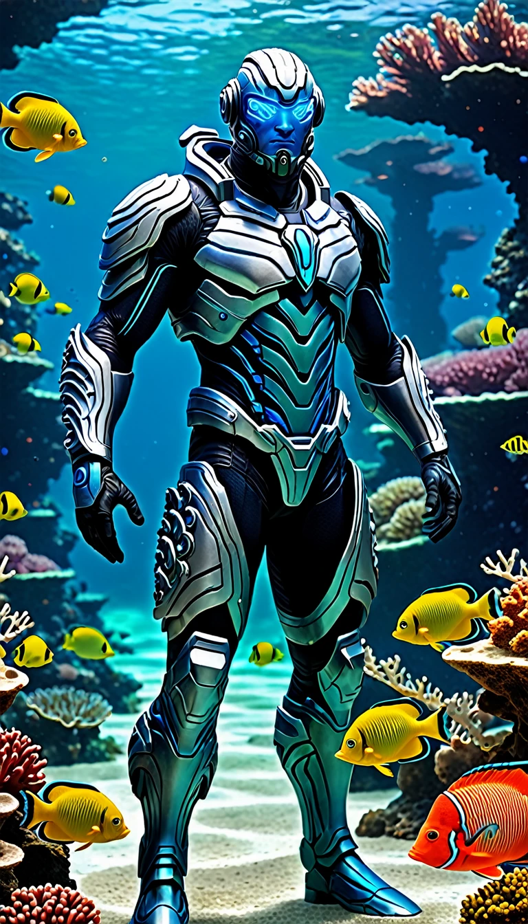 Create a full-body, powerful, futuristic coral reef guardian avatar with advanced technology integrated into the armor. The character should have a strong, heroic physique and confident facial features, with some parts of the face visible. The armor should be a blend of ancient Greek or Atlantean warrior styles, covering essential parts of the body while leaving some muscular areas exposed. Subtle coral reef themes, such as coral patterns and marine flora, should be incorporated into the design, using a color scheme of vibrant blue, green, and silver. The character should emanate a sense of strength and dominance, with glowing blue eyes and a vibrant, coral-like aura. Ensure the character is visible from head to toe, standing against a backdrop of a coral reef, with colorful fish and coral formations visible, to enhance the powerful and dynamic setting.