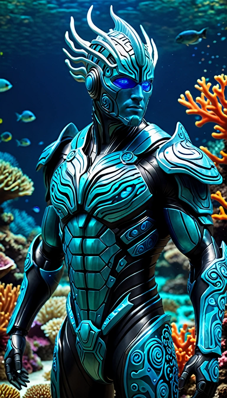 Create a full-body, powerful, futuristic coral reef guardian avatar with advanced technology integrated into the armor. The character should have a strong, heroic physique and confident facial features, with some parts of the face visible. The armor should be a blend of ancient Greek or Atlantean warrior styles, covering essential parts of the body while leaving some muscular areas exposed. Subtle coral reef themes, such as coral patterns and marine flora, should be incorporated into the design, using a color scheme of vibrant blue, green, and silver. The character should emanate a sense of strength and dominance, with glowing blue eyes and a vibrant, coral-like aura. Ensure the character is visible from head to toe, standing against a backdrop of a coral reef, with colorful fish and coral formations visible, to enhance the powerful and dynamic setting.