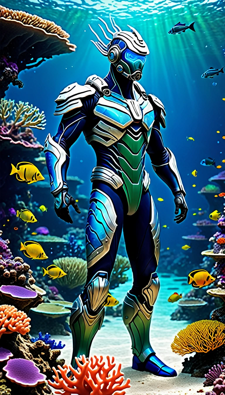 Create a full-body, powerful, futuristic coral reef guardian avatar with advanced technology integrated into the armor. The character should have a strong, heroic physique and confident facial features, with some parts of the face visible. The armor should be a blend of ancient Greek or Atlantean warrior styles, covering essential parts of the body while leaving some muscular areas exposed. Subtle coral reef themes, such as coral patterns and marine flora, should be incorporated into the design, using a color scheme of vibrant blue, green, and silver. The character should emanate a sense of strength and dominance, with glowing blue eyes and a vibrant, coral-like aura. Ensure the character is visible from head to toe, standing against a backdrop of a coral reef, with colorful fish and coral formations visible, to enhance the powerful and dynamic setting.