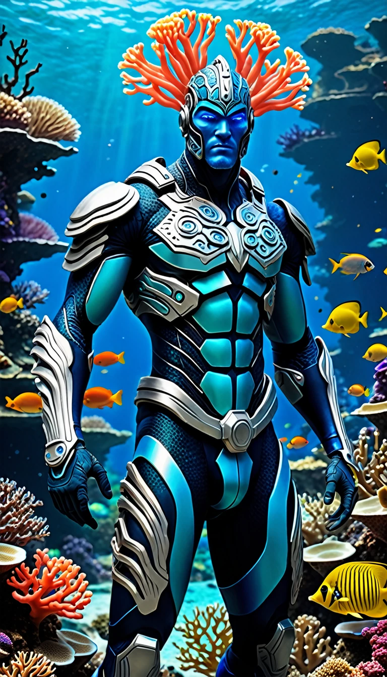 Create a full-body, powerful, futuristic coral reef guardian avatar with advanced technology integrated into the armor. The character should have a strong, heroic physique and confident facial features, with some parts of the face visible. The armor should be a blend of ancient Greek or Atlantean warrior styles, covering essential parts of the body while leaving some muscular areas exposed. Subtle coral reef themes, such as coral patterns and marine flora, should be incorporated into the design, using a color scheme of vibrant blue, green, and silver. The character should emanate a sense of strength and dominance, with glowing blue eyes and a vibrant, coral-like aura. Ensure the character is visible from head to toe, standing against a backdrop of a coral reef, with colorful fish and coral formations visible, to enhance the powerful and dynamic setting.