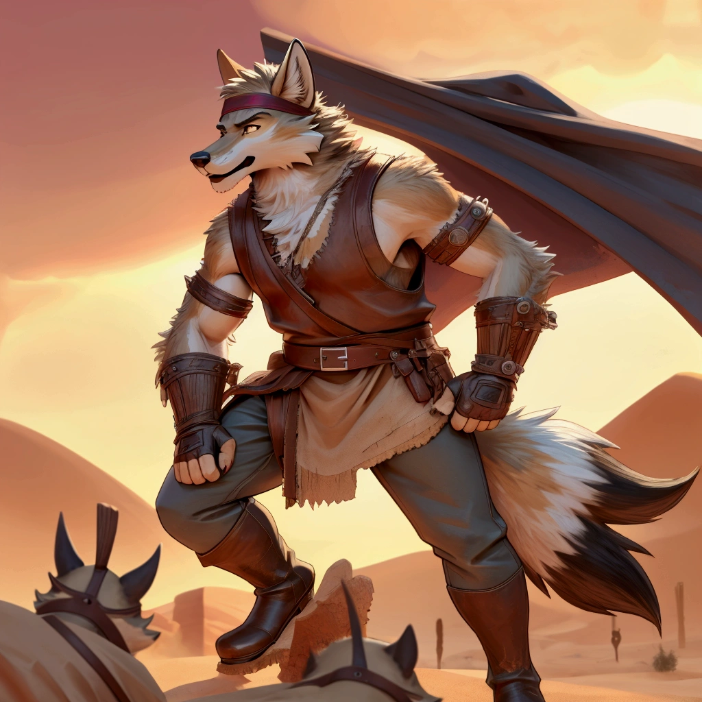 Handsome young anthro furry desert coyote fox male, desert ancient times mercenary solider-assasin murderer, handsome model look gay apperance, handsome muscules, tall, handsome muzzle, handsome shag headband, ruffled old stained tunic with very short sleeves, yawning pants tied with old leather boots on anthro foot, on the tunic old leather harness with scanty rusty breastplate with armlet, old leather bracers, fingerless gloves, old worn out clothing, old worn out armament, sword scars, desert ancient village street, hot climate, ancient desert times, playfull dirty smile, standing on the shadow street, proffesional digital furry drawing art