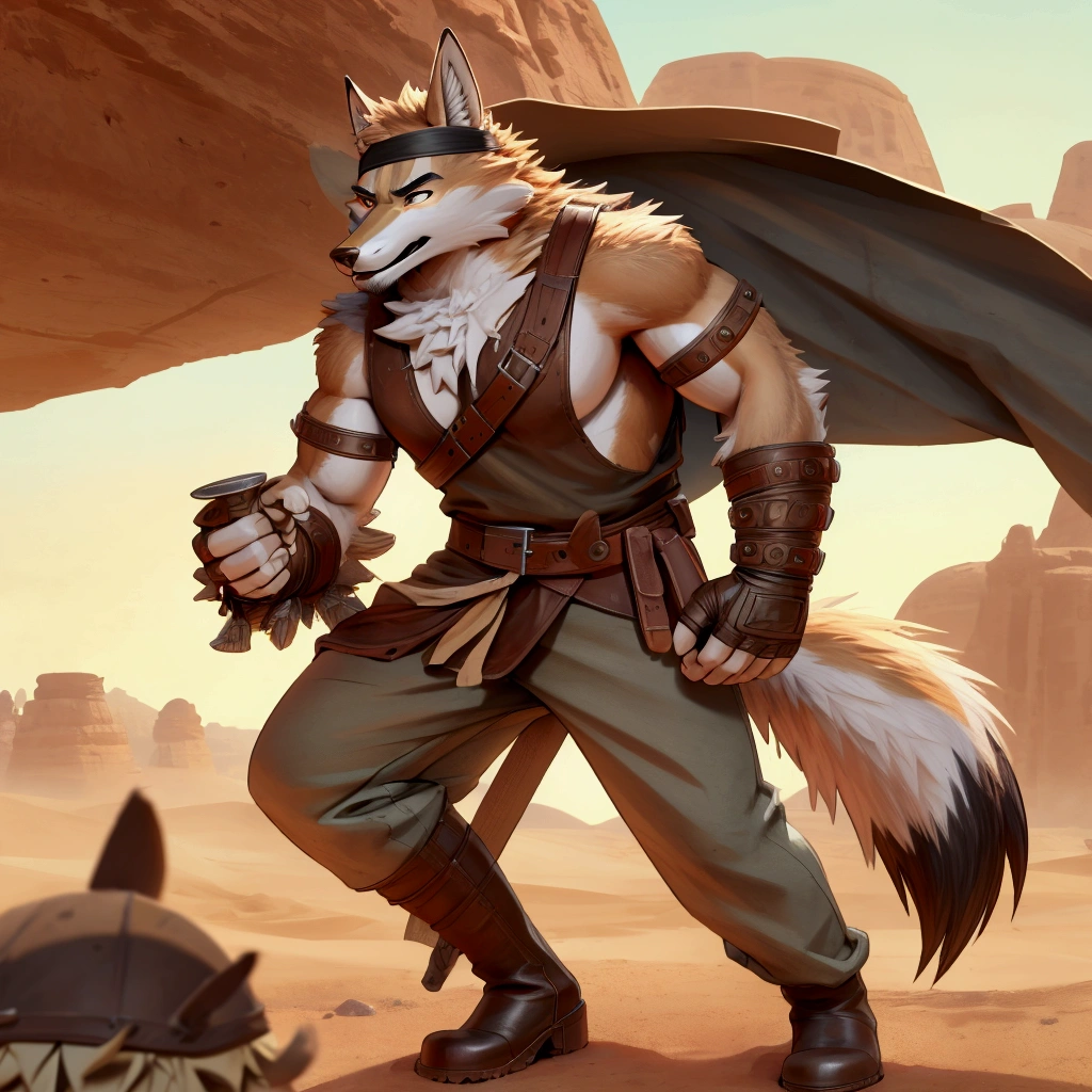 Handsome young anthro furry desert coyote fox male, desert ancient times mercenary solider-assasin murderer, handsome model look gay apperance, handsome muscules, tall, handsome muzzle, handsome shag headband, ruffled old stained tunic with very short sleeves, yawning pants tied with old leather boots on anthro foot, on the tunic old leather harness with scanty rusty breastplate with armlet, old leather bracers, fingerless gloves, old worn out clothing, old worn out armament, sword scars, desert ancient village street, hot climate, ancient desert times, playfull dirty smile, standing on the shadow street, proffesional digital furry drawing art