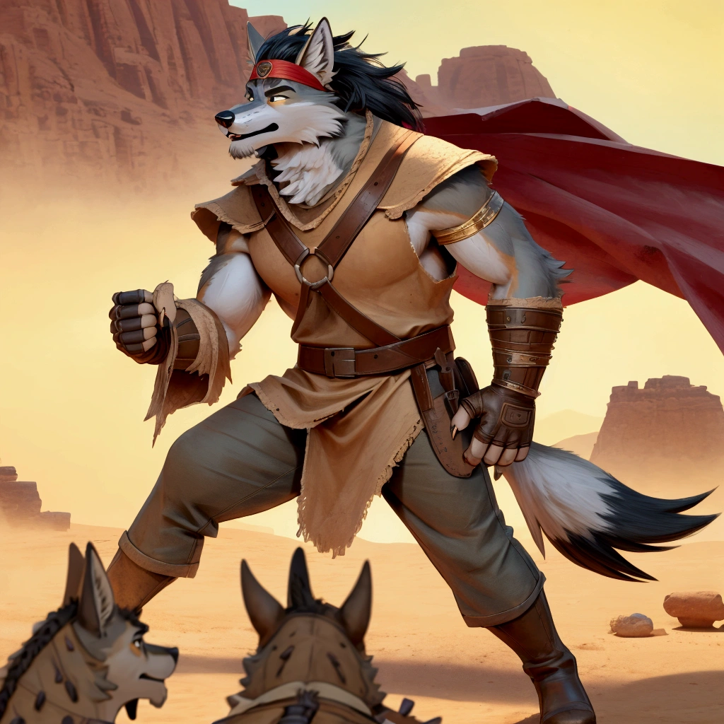 Handsome young anthro furry desert coyote fox male, desert ancient times mercenary solider-assasin murderer, handsome model look gay apperance, handsome muscules, tall, handsome muzzle, handsome shag headband, ruffled old stained tunic with very short sleeves, yawning pants tied with old leather boots on anthro foot, on the tunic old leather harness with scanty rusty breastplate with armlet, old leather bracers, fingerless gloves, old worn out clothing, old worn out armament, sword scars, desert ancient village street, hot climate, ancient desert times, playfull dirty smile, standing on the shadow street, proffesional digital furry drawing art