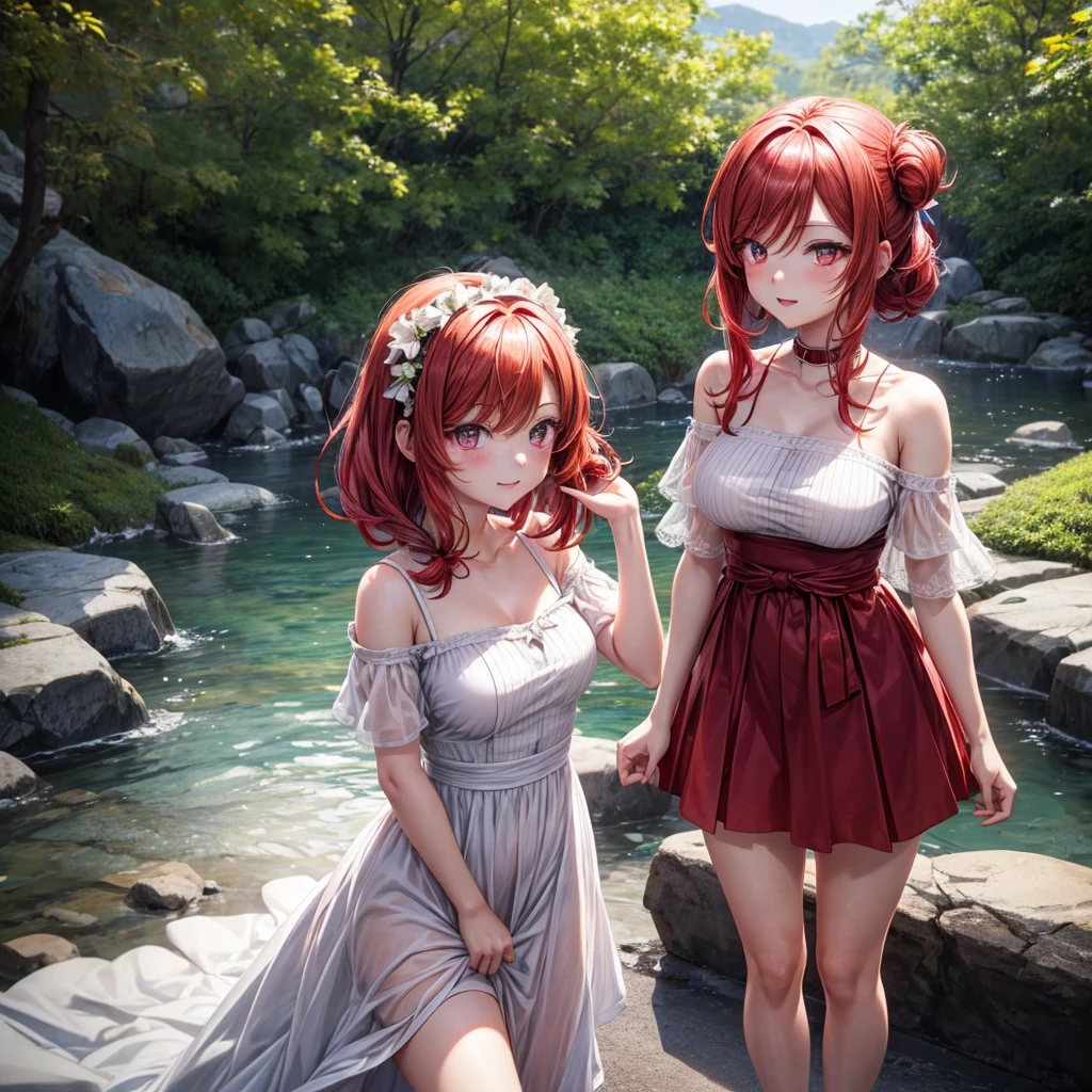 Mia Haibara: has an appearance similar to the character "Itsuki" from the anime "Goutoubun no hanayome", has red hair, medium-sized,  past the shoulder, and has crimson eyes, She has a slightly less sad facial expression than Ayokoji. And in the drawing you will do she will be wearing a white dress, she has crimson eyes.

Remember what Itsuki looks like, de gotoubun no hanayome.

but I want you to do it like an 8 year old, don&#39;t sexualize her.