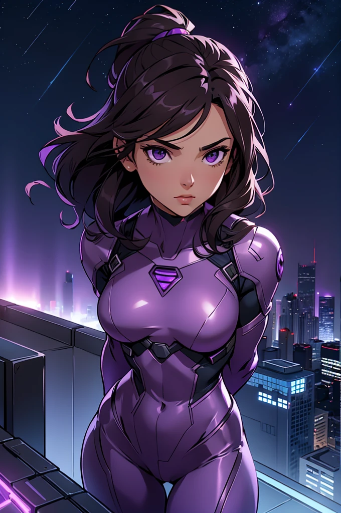 Girl, small bust, dark hair, superhero, heroine, silver costume, purple costume, on a rooftop, night sky, skyline, high quality, best quality, masterpiece, 4K, 8K