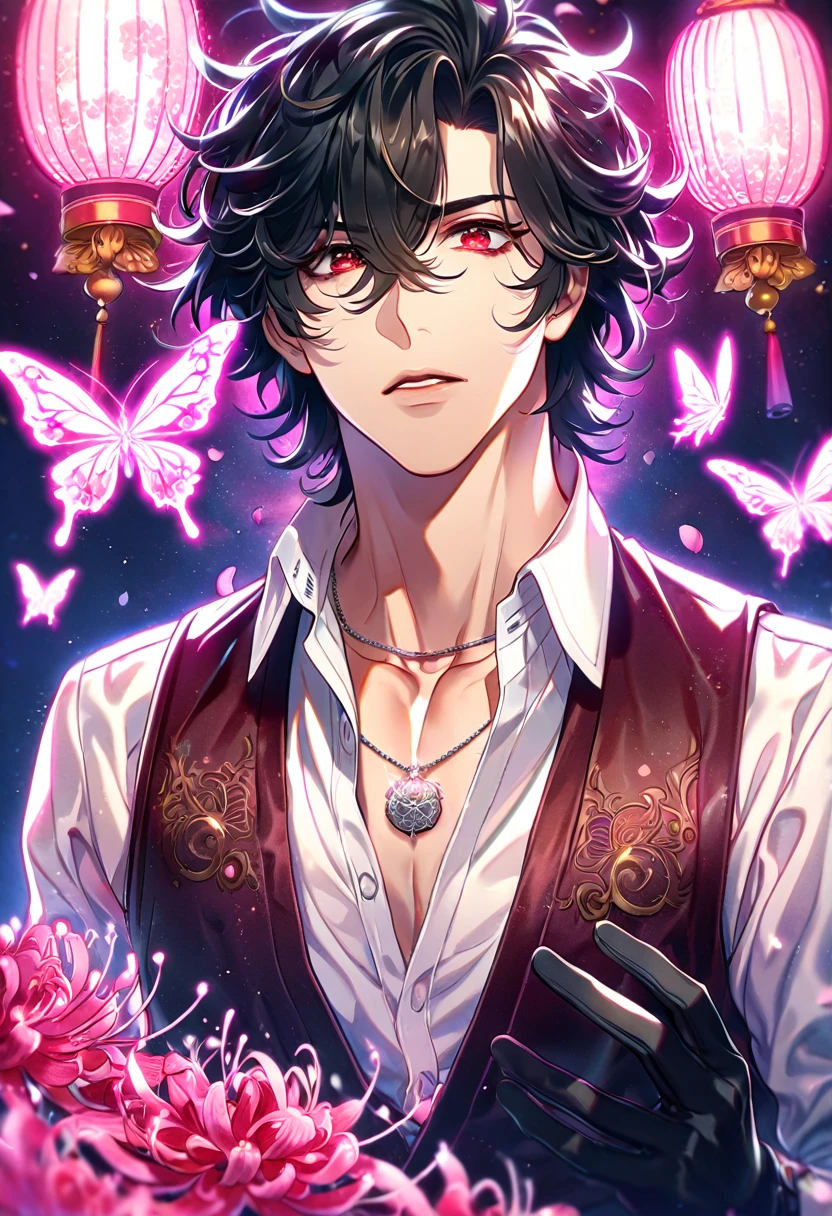 absurd resolution, high resolution, ultra detailed, detailed eyes, delicated features, extremely detailed, HDR, 8K, Louis, black hair, untamed hair, hair over the right eye, expressive red eyes, Code Vein, handsome, dark brown vest, white shirt, unbuttoned shirt, black gloves, ring necklace, fantasy, cool, magical, pink glittering butterflies, pink dust flying around, pink spider lilies, pink petals, pink lanterns, Japanese ambiance, pink blossoms