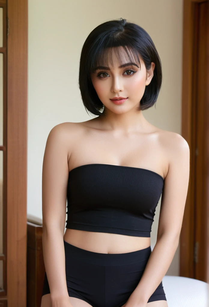 close-up of beautiful Indonesia-Chinese, Rani is a Indonesia-Chinese college student and model, age 22 years old girl, youthful face, white skin body, perfect body, bob cut, short hair, standard black hair, flat bangs cut, 38 inches breasts size, wearing a plain standard light white strapless tube top, wearing a tight plain standard deep black seamless spandex boyshort pant short leggings, Rani sat on a chair in Reza's room, Reza held Rani's hair gently, and took the scissors he had prepared in his shirt pocket. "KRESS... KRESSS... KRESS...", Rani's hair fell, Rani's hair was cut by her best friend using scissors, Reza again combed Rani's hair, and cut the back until it was just shoulder length, strand after strand of Rani's hair fell, Rani's hair pieces now filled the floor around her seat, finished the back then Reza continued the execution of the hair on the sides, the left and right sides he flattened shoulder length like the back, strand after strand of Rani's hair fell again, sexy looking pose, naughty looking pose, seductive looking pose, in Reza's room, Reza's room background, UHD