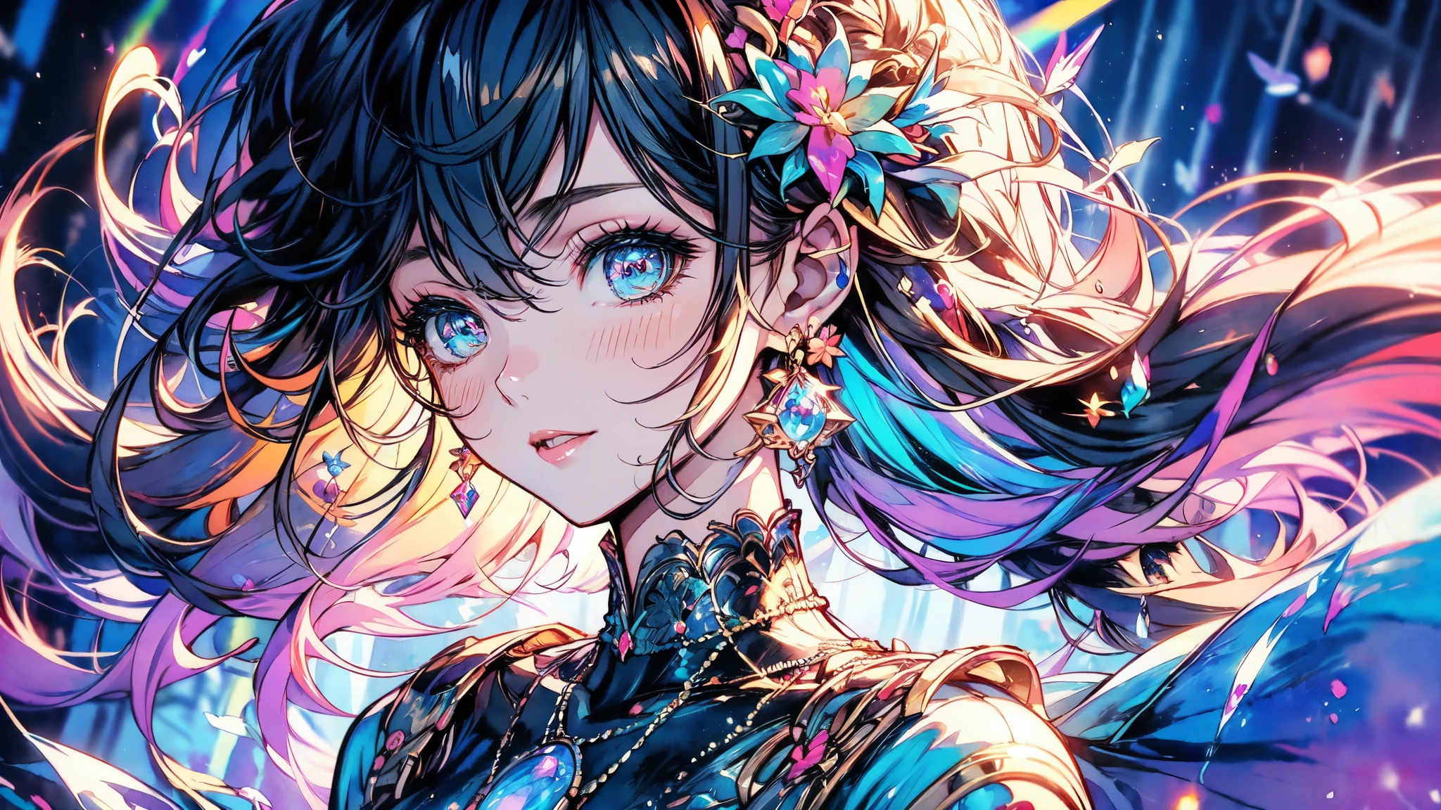 (high quality, 8k), (watercolor painting:1,2, luz outfit:1.5), Upper part of the body, (topaz), blue,rainbow color, A girl, detailed face, detailed eyes, watercolor painting, very magical and dreamy, dreamy and detailed, dreamy and dramatic atmosphere, Beautiful dream lighting, dream atmosphere, Beautiful atmosphere, Dreamy romantic, Dreamy Ethereal Theme, Beautiful atmosphere, animated background art, magical atmosphere + mesa, dream aesthetic, Beautiful details with atmosphere.,
