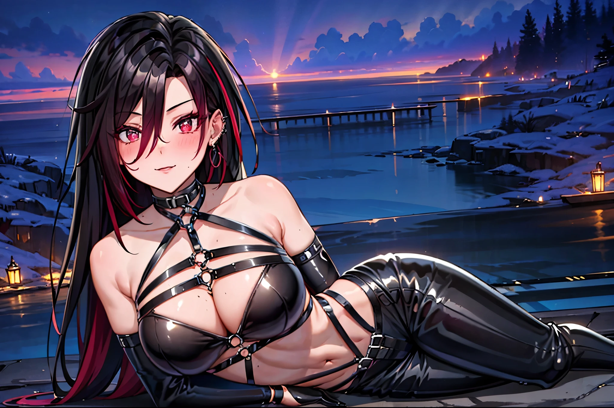 mature woman, 1 girl, solo, (masterpiece, best quality, very detailed), sharp focus, detailed face, face focus, focus on face, very detailed eyes, long black cyclamen hair, (cyclamen highlights: 1,3), braid, page bottom braid, cyclamen-red eyes, (sparkling eyes: 1,2), long eyelashes, (strong blush: 1,2), delicate makeup, ((black leather strap body-hugging femdom top and pants, straps, bare shoulders, cleavage)), Crusader earrings, ear piercing, cinematic lighting, edge lightning, shading, dynamic angle, sharp image, perfect quality, perfectly crafted background, beach, sunset, rolling sea, dance, sexy,
