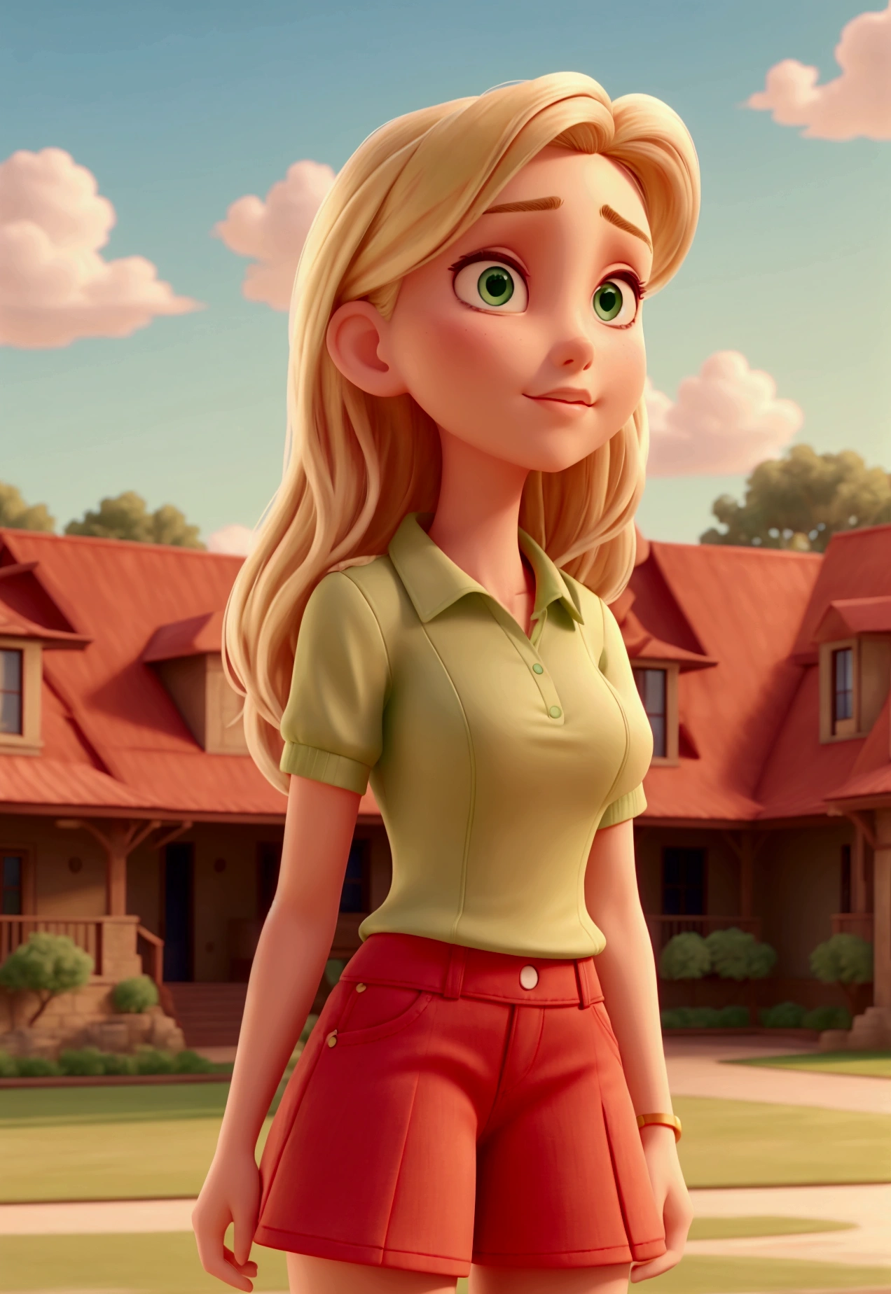 BLONDE woman GREEN eyes ,red blouse, denim skirt, tennis , Looking at the sky, chatting high definition image
