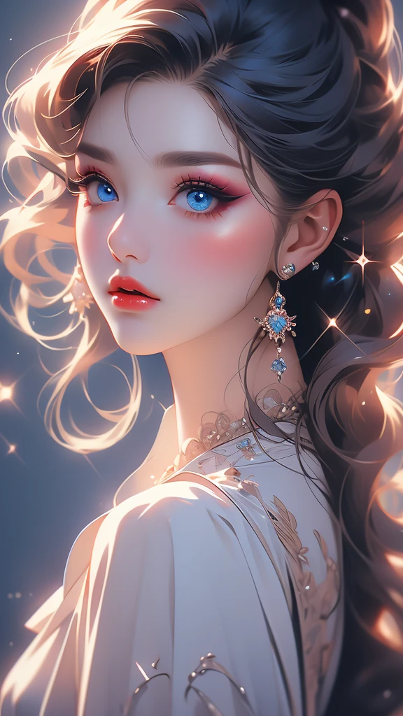 a very beautiful woman in her makeup with exaggerated make up 

 a close up of a woman with very exaggerated makeup, 1girl, solo, red lips, blue eyes, lips