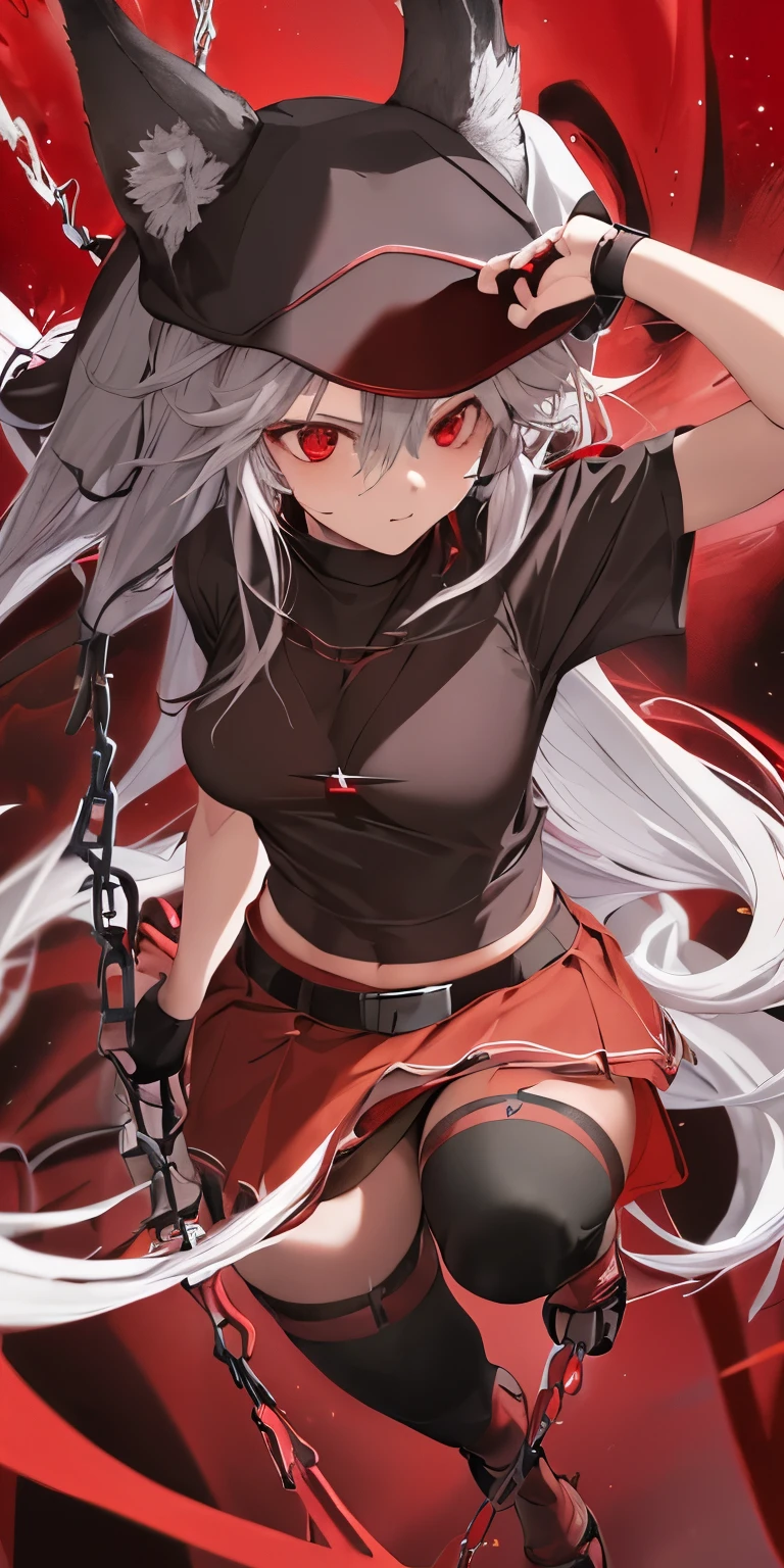 1 girl, red eyes, long gray hair, wolf ears, black shirt with red details, short sleeves, brown layred skirt, red belt, monk hat, full body, bare belly, chain on skirt, long stockings, red mage, tied hair, athletic body