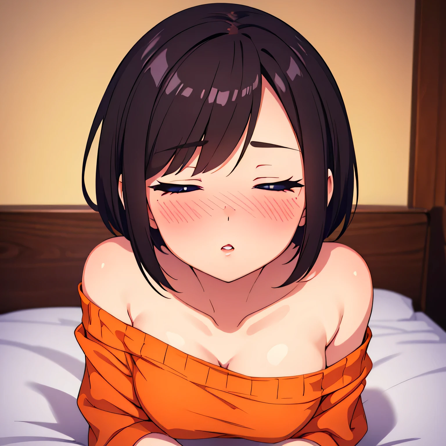 Amazing portrait of a sexy and cute girl with a short bob hairstyle and a seductive gaze who is blushing intensely with parted lips and is desperate and flustered and lustful wearing an off shoulder orange t shirt showcasing her bare shoulder while lying on bed