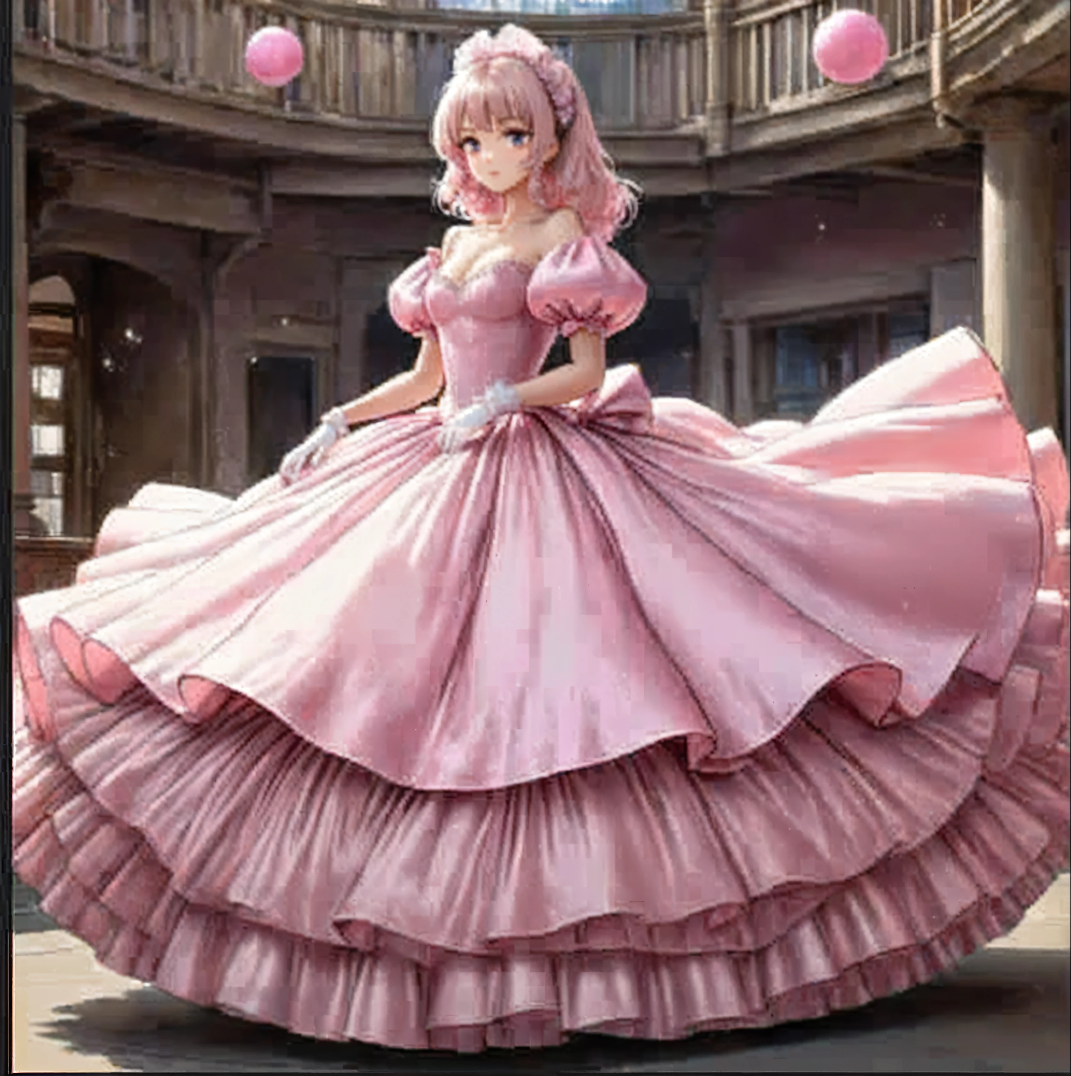 there is a woman in a pink dress standing in a building, anime princess, cute anime waifu in a nice dress, wearing a pink ballroom gown,  in dress, brilliant pink ball gown, anime stile, expensive voluminous dress, anime barbie doll, anime girl cosplay, , pink iconic character, fantasy dress, rococo ruffles dress