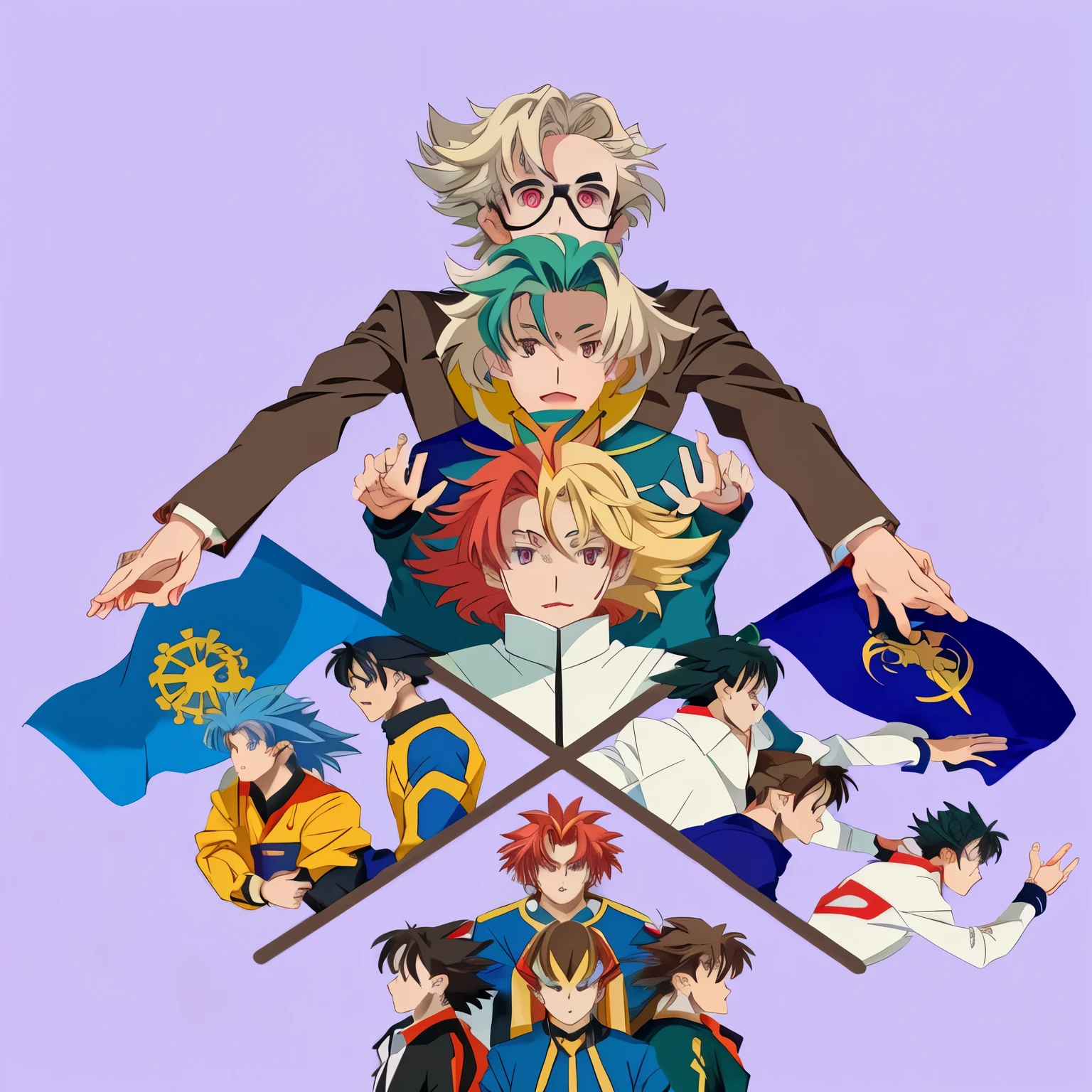 anime characters are grouped in a circle with a flag, characters merged, there were eight anime people, in the art style of 80s anime, lawyer style, 2d anime style, anime graphic illustration, 2022 anime style, 2 0 2 2 anime style, wisdom friend anime, 90s anime art style