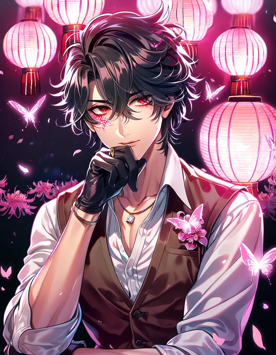 absurd resolution, high resolution, ultra detailed, detailed eyes, delicated features, extremely detailed, HDR, 8K, Louis, black hair, untamed hair, hair over the right eye, expressive red eyes, Code Vein, solo, y man, handsome, dark brown vest, white shirt, unbuttoned shirt, black gloves, ring necklace, rolled up sleeves, fantasy, cool, magical, pink glittering butlies, pink dust flying around, pink spider lilies, pink petals, pink lanterns, Japanese ambiance, pink blossoms