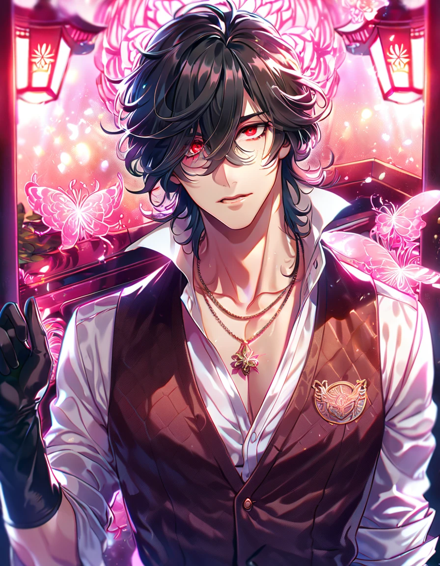 absurd resolution, high resolution, ultra detailed, detailed eyes, delicated features, extremely detailed, HDR, 8K, Louis, black hair, untamed hair, hair over the right eye, expressive red eyes, Code Vein, solo, sexy man, handsome, dark brown vest, white shirt, unbuttoned shirt, black gloves, ring necklace, rolled up sleeves, fantasy, cool, magical, pink glittering butterflies, pink dust flying around, pink spider lilies, pink petals, pink lanterns, Japanese ambiance, pink blossoms