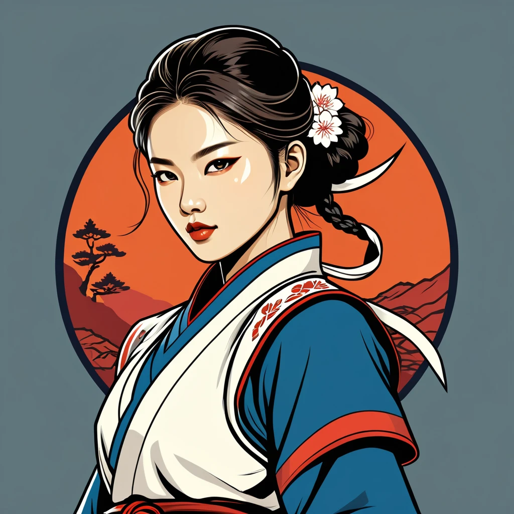 female	fighter	in korean folk outfit	,vector graphics, strong contours, logo design																						