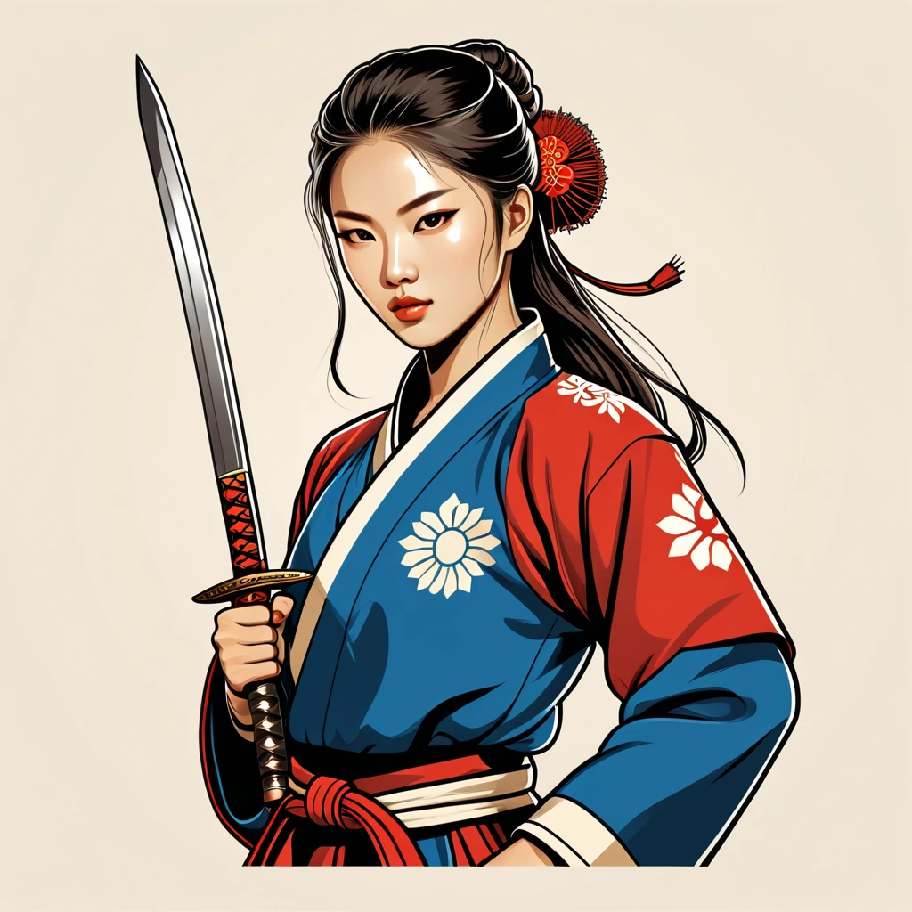 female fighter in korean folk outfit ,vector graphics, strong contours, logo design