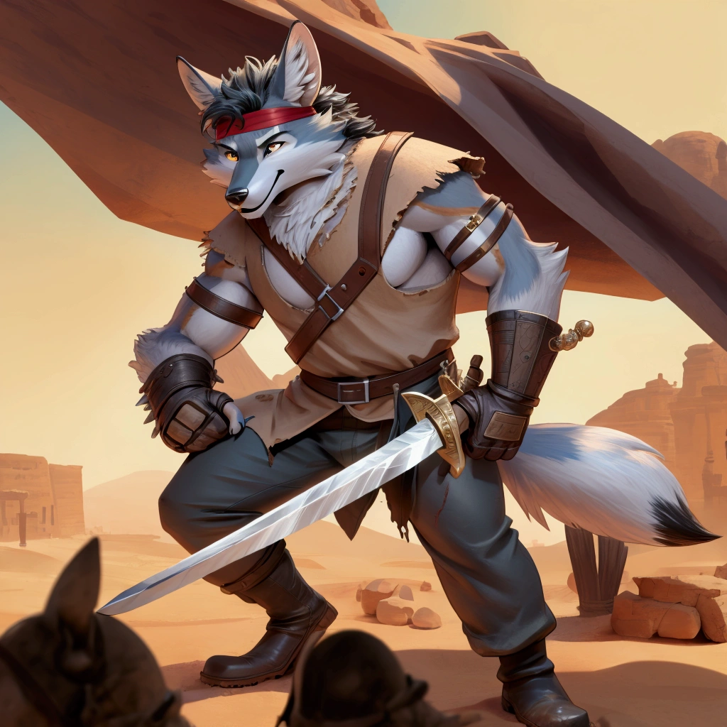 Handsome young anthro furry desert coyote fox male, desert ancient times mercenary solider-assasin murderer, handsome model look gay apperance, handsome muscules, tall, handsome muzzle, handsome shag headband, ruffled old stained tunic with very short sleeves, yawning pants tied with old leather boots on anthro foot, on the tunic old leather harness with scanty rusty breastplate with armlet, old leather bracers, fingerless gloves, old worn out clothing, old worn out armament, sword scars, desert ancient village street, hot climate, ancient desert times, playfull dirty smile, standing on the shadow street, proffesional digital furry drawing art