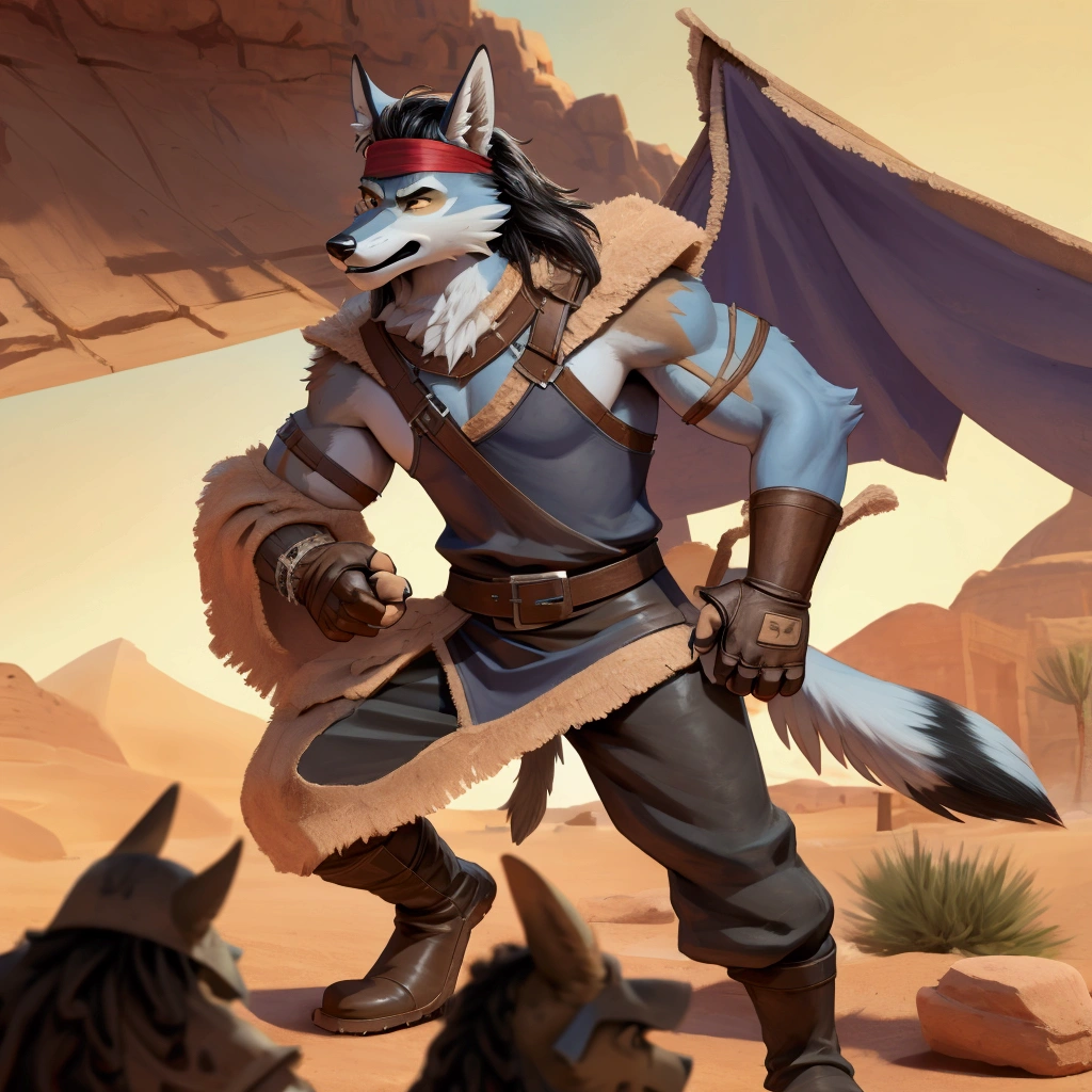 Handsome young anthro furry desert coyote fox male, desert ancient times mercenary solider-assasin murderer, handsome model look gay apperance, handsome muscules, tall, handsome muzzle, handsome shag headband, ruffled old stained tunic with very short sleeves, yawning pants tied with old leather boots on anthro foot, on the tunic old leather harness with scanty rusty breastplate with armlet, old leather bracers, fingerless gloves, old worn out clothing, old worn out armament, sword scars, desert ancient village street, hot climate, ancient desert times, playfull dirty smile, standing on the shadow street, proffesional digital furry drawing art