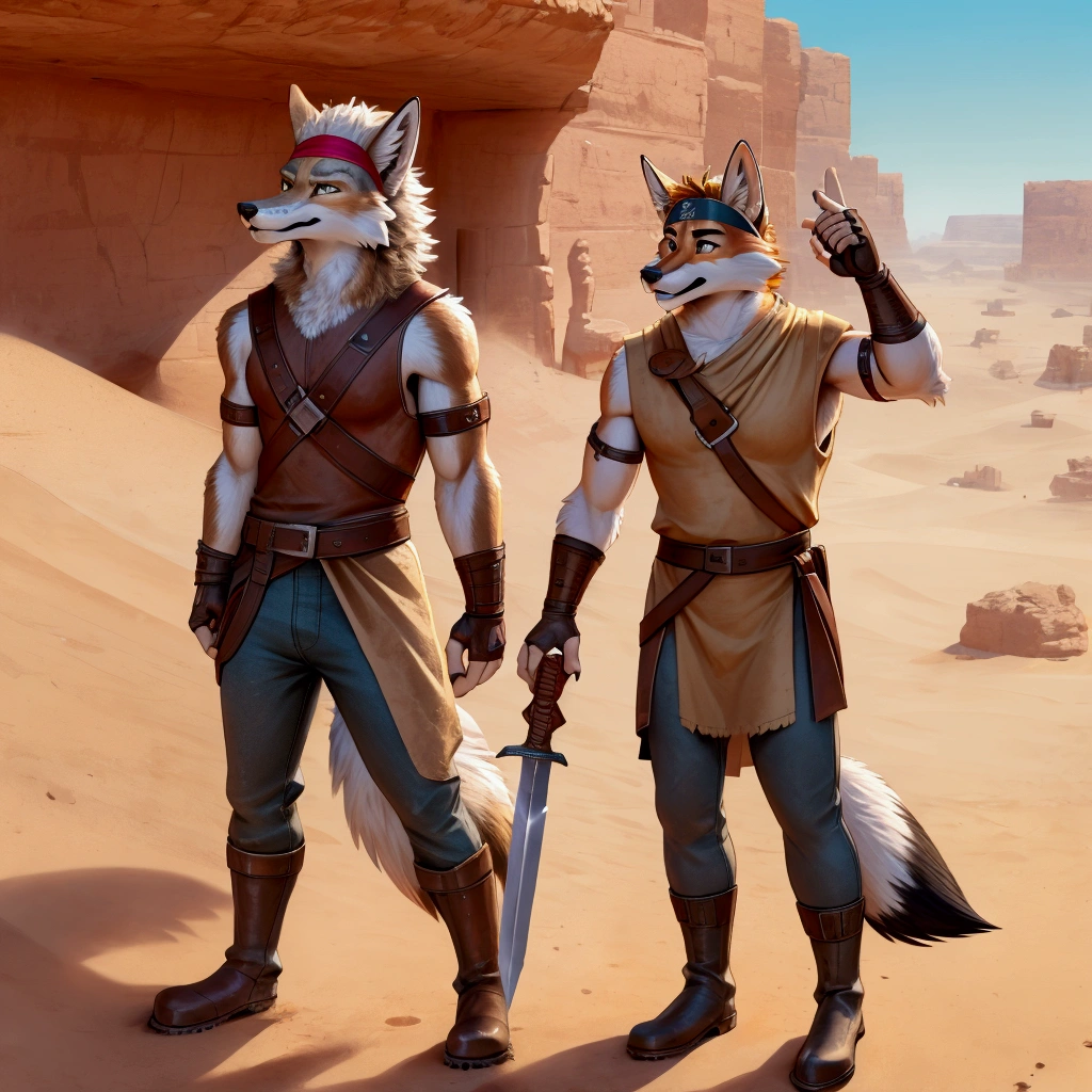 Handsome young anthro furry desert coyote fox male, desert ancient times mercenary solider-assasin murderer, handsome model look gay apperance, handsome muscules, tall, handsome muzzle, handsome shag headband, ruffled old stained tunic with very short sleeves, yawning pants tied with old leather boots on anthro foot, on the tunic old leather harness with scanty rusty breastplate with armlet, old leather bracers, fingerless gloves, old worn out clothing, old worn out armament, sword scars, desert ancient village street, hot climate, ancient desert times, playfull dirty smile, standing on the shadow street, proffesional digital furry drawing art