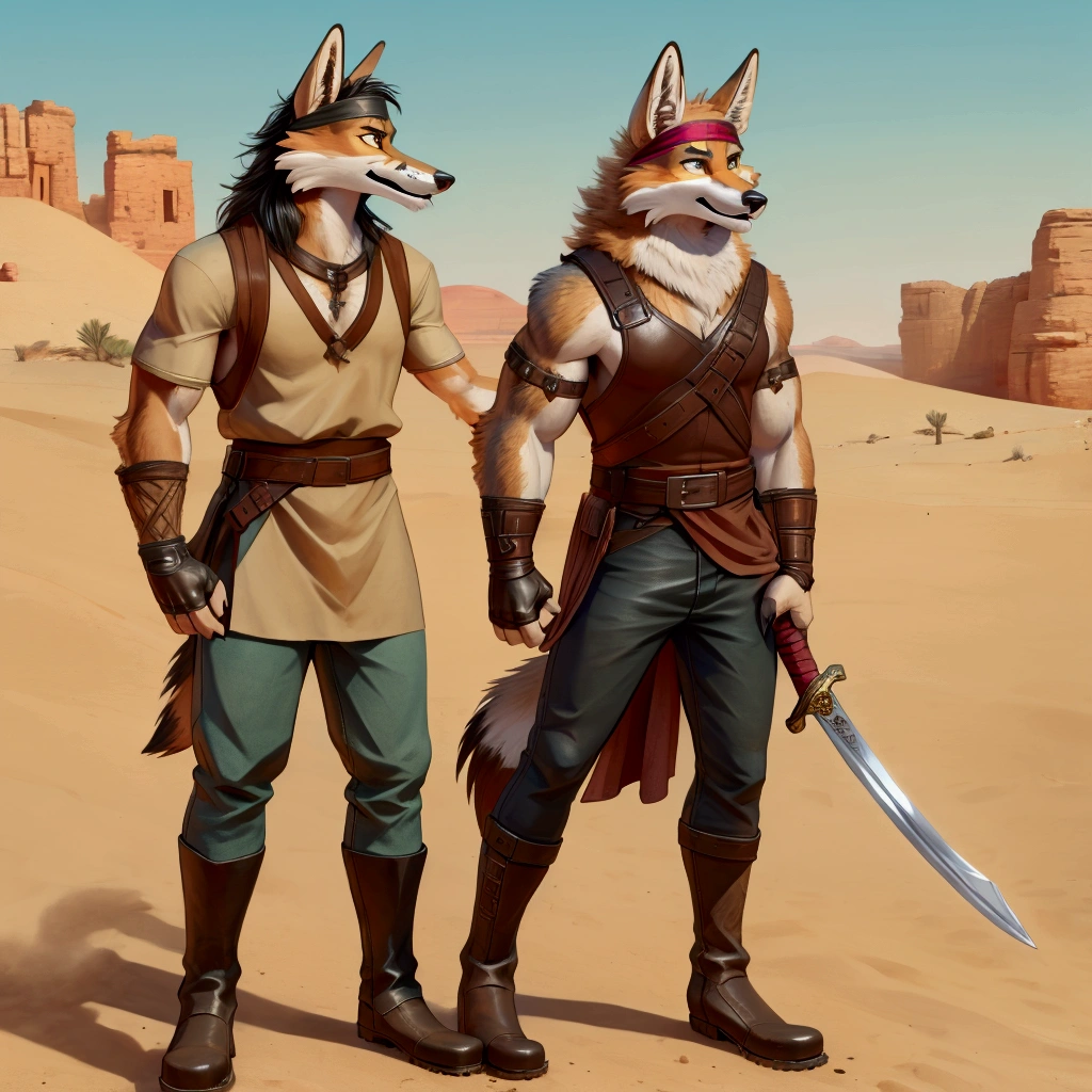 Handsome young anthro furry desert coyote fox male, desert ancient times mercenary solider-assasin murderer, handsome model look gay apperance, handsome muscules, tall, handsome muzzle, handsome shag headband, ruffled old stained tunic with very short sleeves, yawning pants tied with old leather boots on anthro foot, on the tunic old leather harness with scanty rusty breastplate with armlet, old leather bracers, fingerless gloves, old worn out clothing, old worn out armament, sword scars, desert ancient village street, hot climate, ancient desert times, playfull dirty smile, standing on the shadow street, proffesional digital furry drawing art