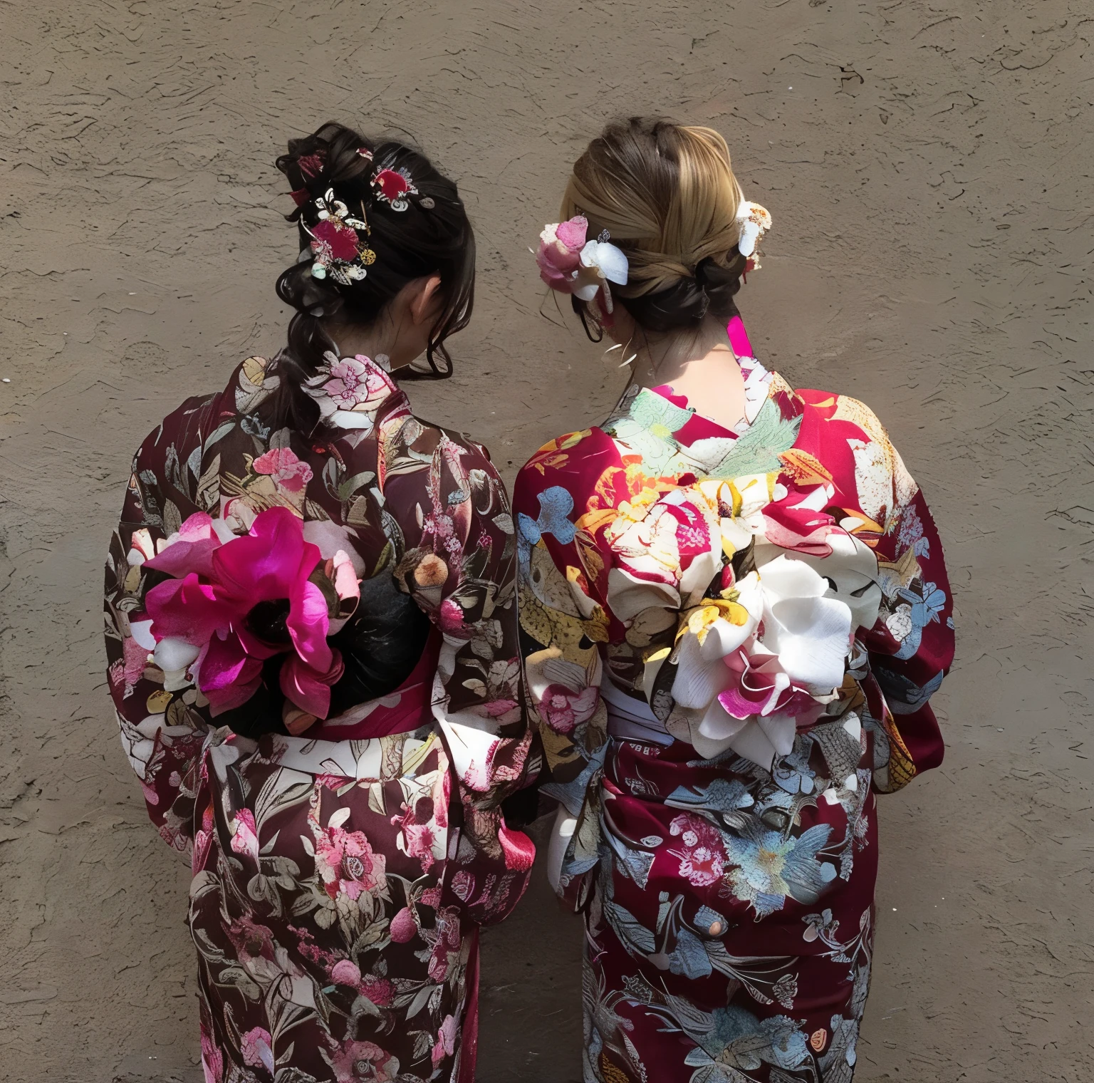((Highest quality)), ((masterpiece)), (detailed), (((back of head))),(Blonde),(yukata),girl, yukata,Back view,Beautiful Hairstyles,backstyle,Hair Arrangement,Upstyle,White skin,Japanese women,Pink kimono,Pink outfit,Beautiful Obi,Cute hair accessories