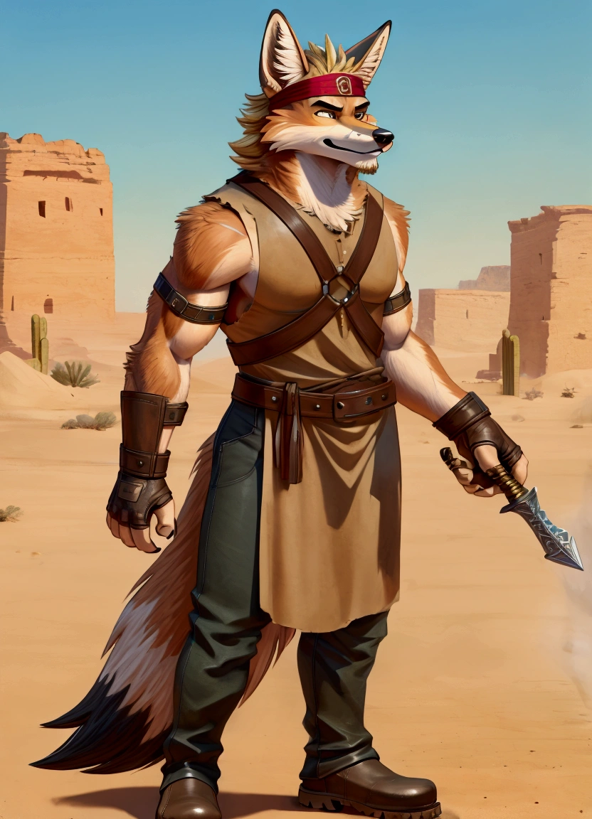 Handsome young anthro furry desert coyote fox male, desert ancient times mercenary solider-assasin murderer, handsome model look gay apperance, handsome muscules, tall, handsome muzzle, handsome shag headband, ruffled old stained tunic with very short sleeves, yawning pants tied with old leather boots on anthro foot, on the tunic old leather harness with scanty rusty breastplate with armlet, old leather bracers, fingerless gloves, old worn out clothing, old worn out armament, sword scars, desert ancient village street, hot climate, ancient desert times, playfull dirty smile, standing on the shadow street, proffesional digital furry drawing art