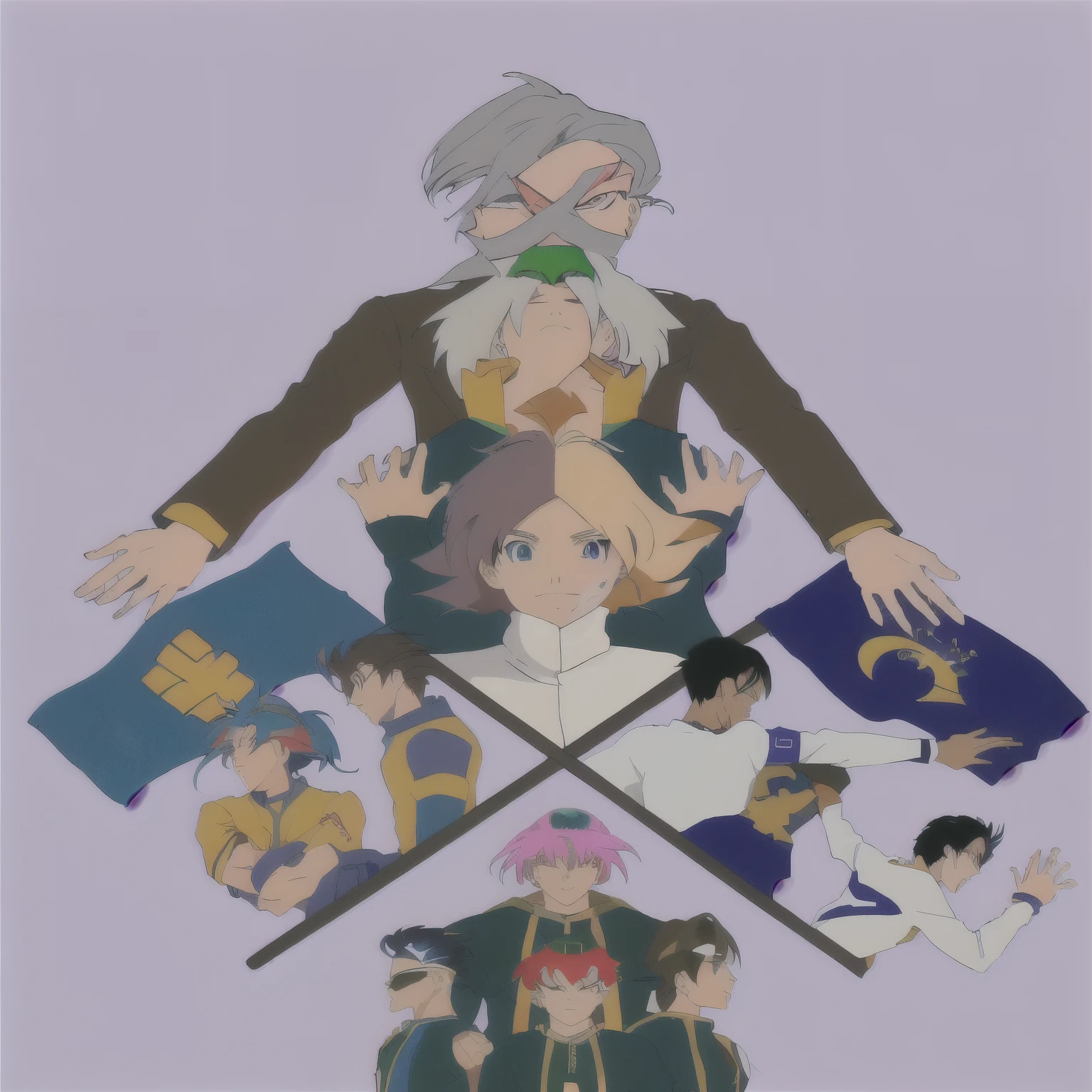 anime characters are grouped in a circle with a flag, characters merged, there were eight anime people, in the art style of 80s anime, lawyer style, 2d anime style, anime graphic illustration, 2022 anime style, 2 0 2 2 anime style, wisdom friend anime, 90s anime art style