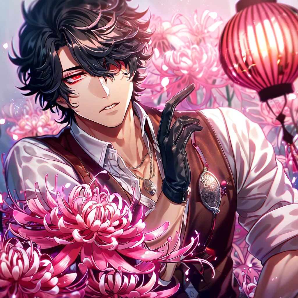 absurd resolution, high resolution, ultra detailed, detailed eyes, delicated features, extremely detailed, HDR, 8K, Louis, black hair, untamed hair, hair over the right eye, short hair, expressive red eyes, Code Vein, solo, sexy man, handsome, dark brown vest, white shirt, unbuttoned shirt, black gloves, ring necklace, rolled up sleeves, fantasy, cool, magical, pink glittering butterflies, pink dust flying around, pink spider lilies, pink petals, pink lanterns, Japanese ambiance, pink blossoms